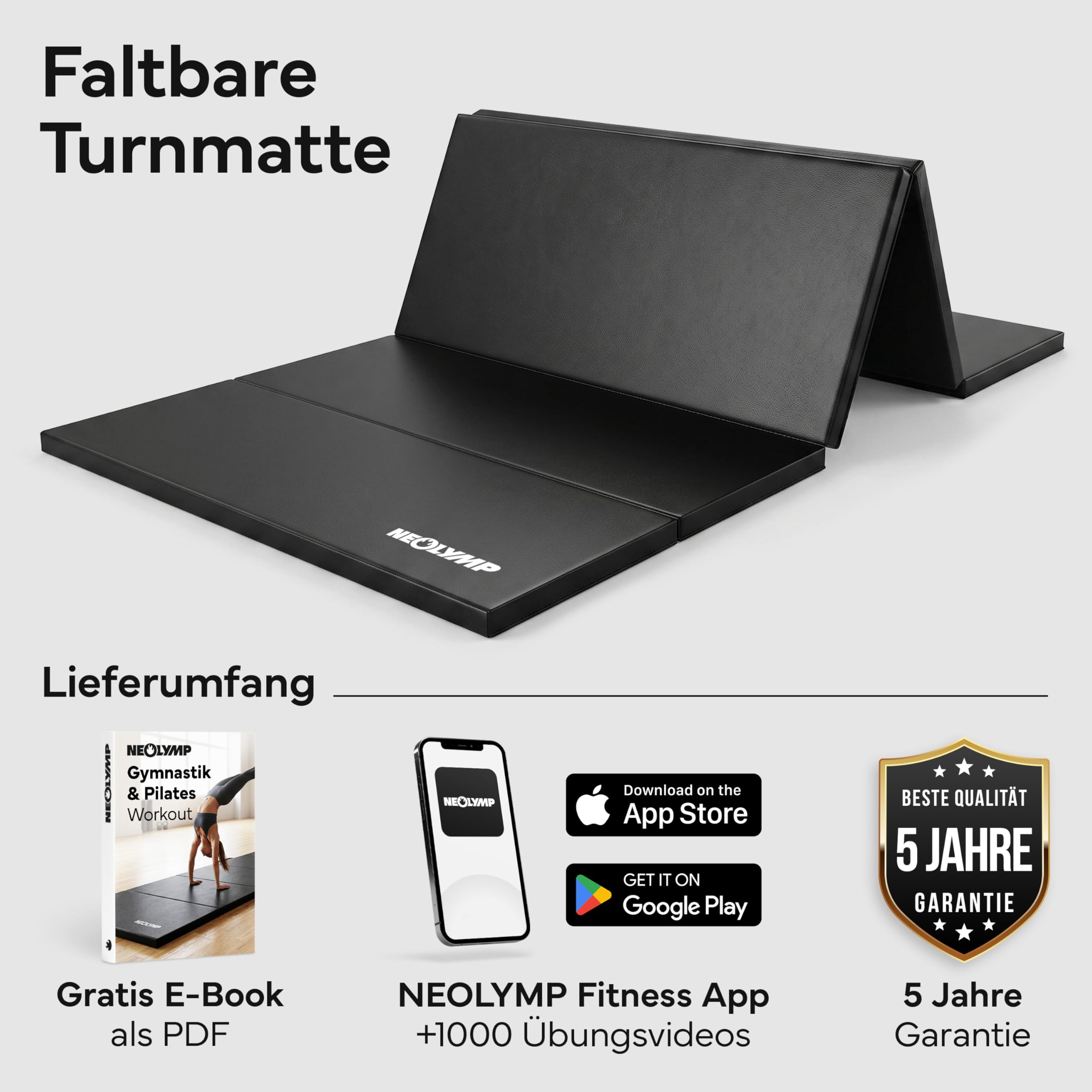 NEOLYMP Turnmatte klappbar - Faltbare Gymnastikmatte für Zuhause - Dicke Fitnessmatte für Kampfsport, Yoga & Pilates - Weiche Bodenmatte mit Tragegriff & Klett-Verbindung - Platzsparende Sportmatte