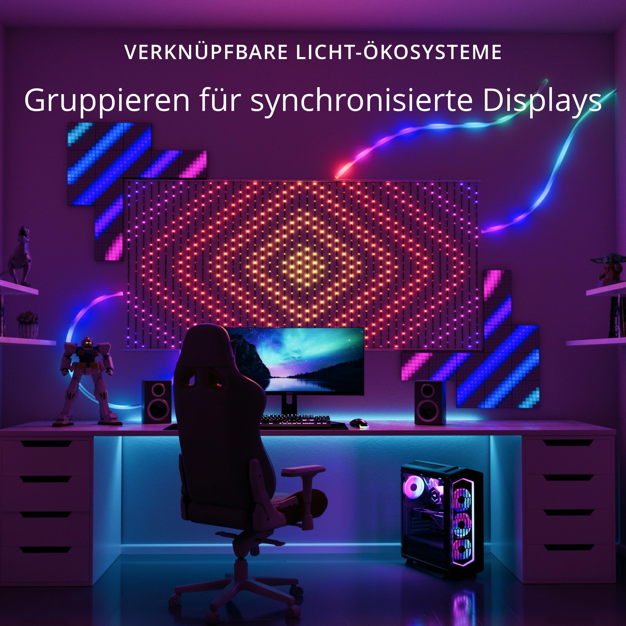 Twinkly Squares Starter Kit, RGB LED Paneelen, Enthält 1 Hauptpaneel und 5 Erweiterungspaneele, Kompatibel mit HomeKit, Alexa und Google Home, Gaming- und Streaming-Lichter, 16M+ Farben