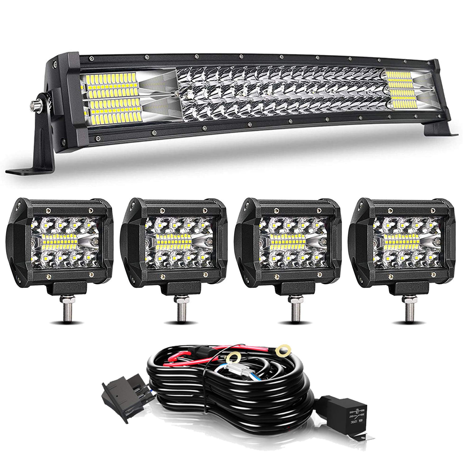 LED Light Bar 22 Inch Curved Work Light Tri-Row Offroad Light Waterproof Spot & Flood Combo Beam Light Bar + 4 Inch Driving Fog Lights Harness Kit for Polaris Range RZR Wrangler F150 GMC Ram Dodge