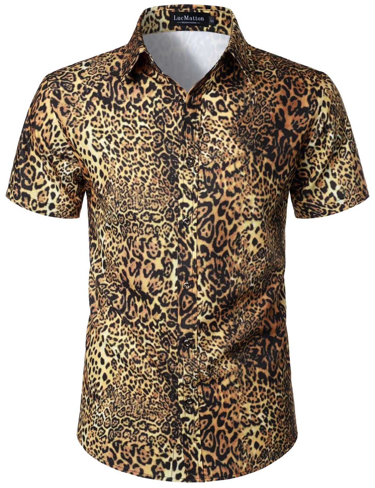 LucMattonMen's Hipster Short Sleeve Button Down Leopard Print Shirt for Club Rock Party