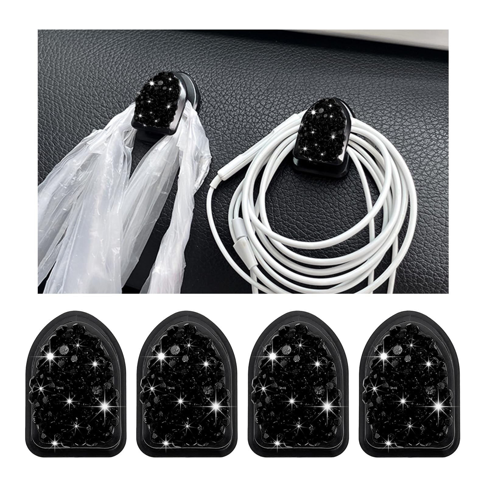 Yourkar 4PCS Bling Car Mini Hooks, Multifunctional Adhesive Small Auto Storage Hook for Key Cable Mask, Crystal Rhinestone Dashboard Hanging Hook,