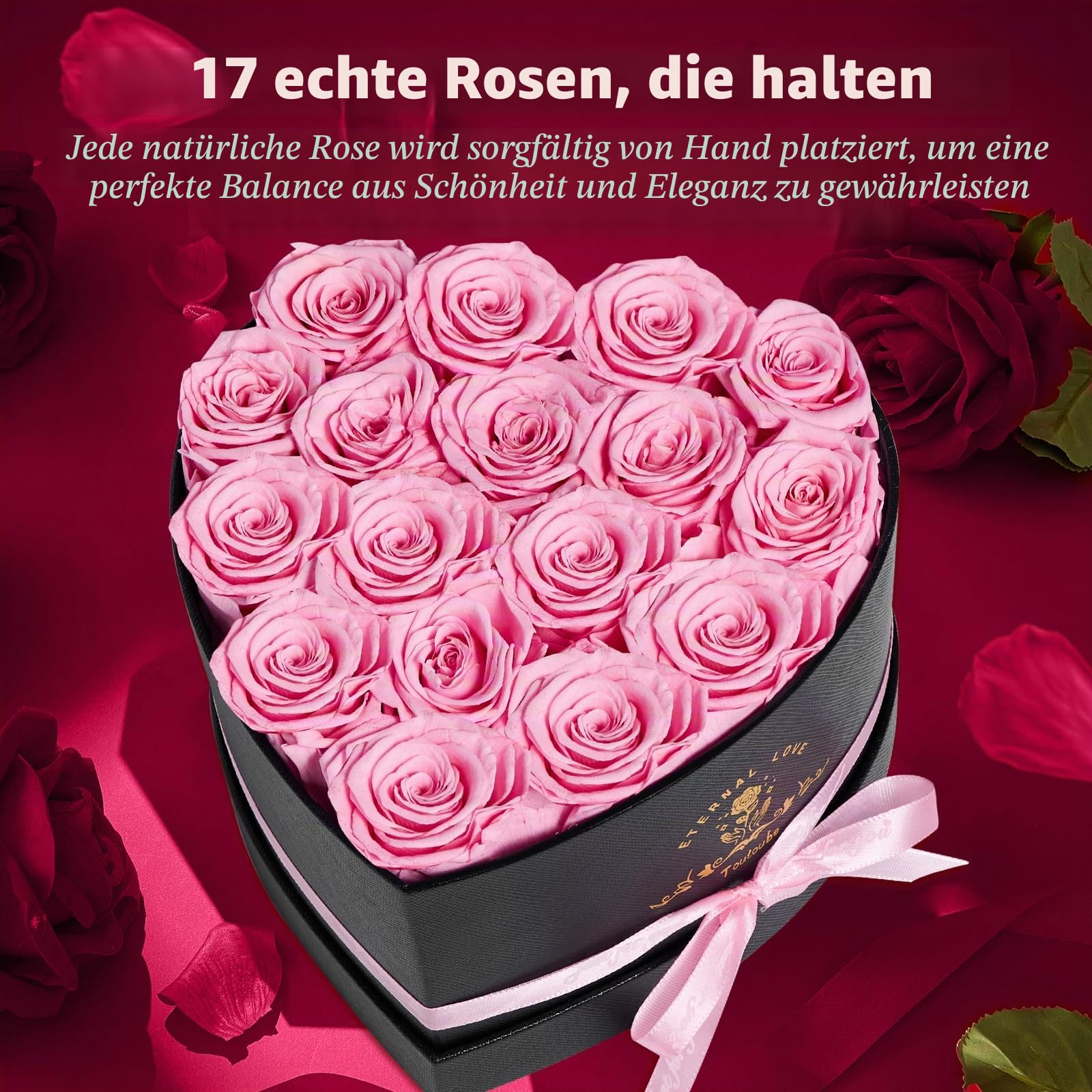 Touloube 17 Infinity Rosen Geschenk für Frauen, Ewige Rosa Rose Geschenke, Konservierte Rose in Herzbox für Mama Freundin zum Geburtstag Jahrestag Valentinstag Muttertag Hochzeitstag Rosenbox