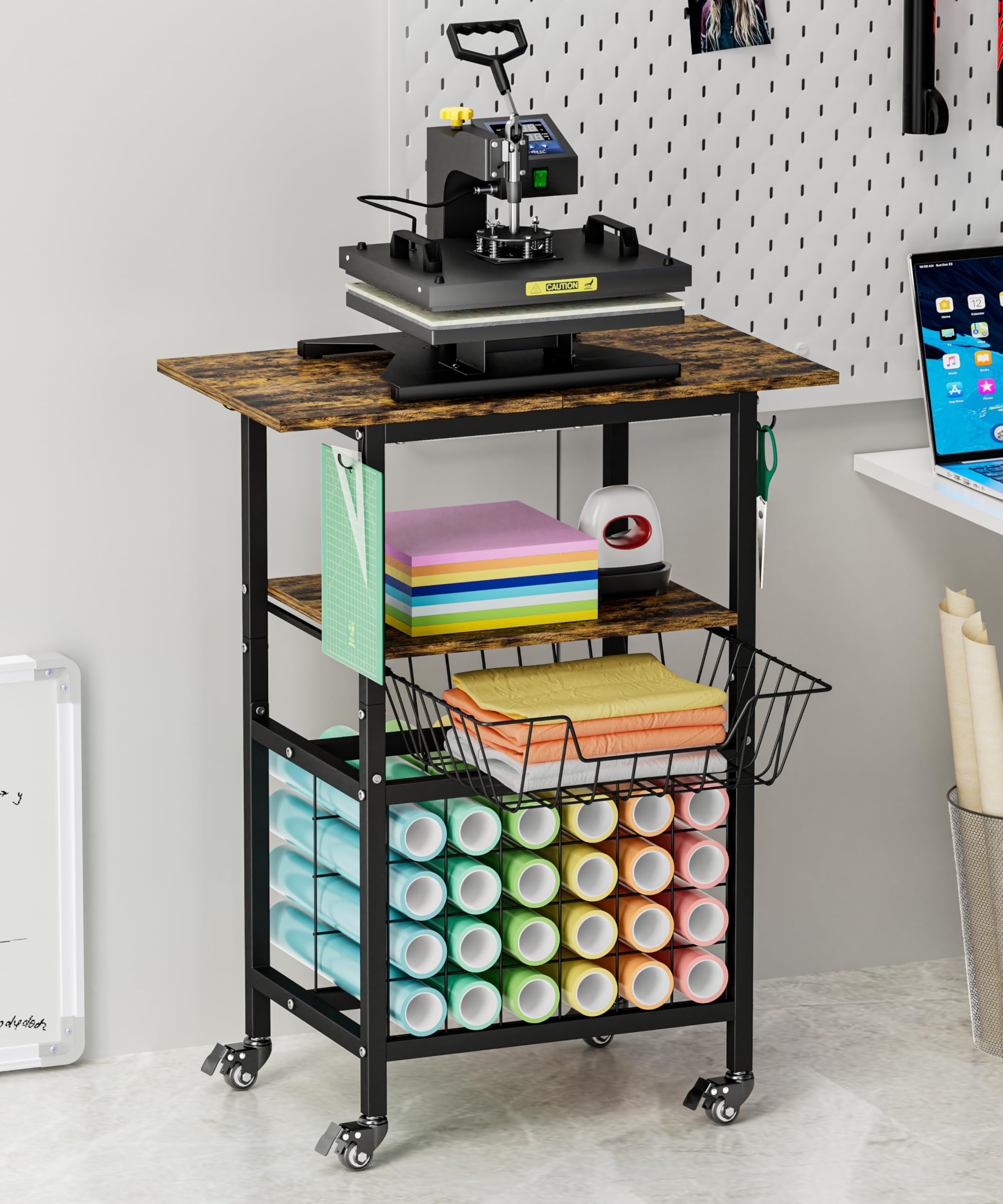 Carrito móvil para prensa de calor Ardier con cesta y ganchos, organizador de 3 niveles con soporte para rollos de vinilo, banco de trabajo para máquina de transferencia de sublimación DIY, impresora o máquina para hacer camisetas, color negro