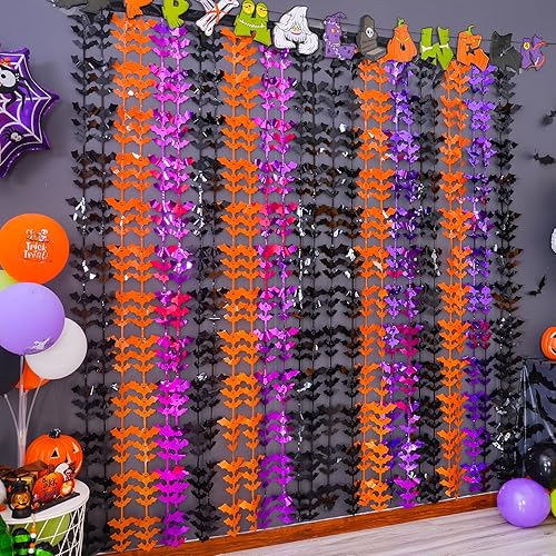 LOLStar Accesorios para cabina de fotos de murciélagos de Halloween, naranja, morado, negro, paquete de 2 cortinas de flecos metálicos de 3.3 x 6.6