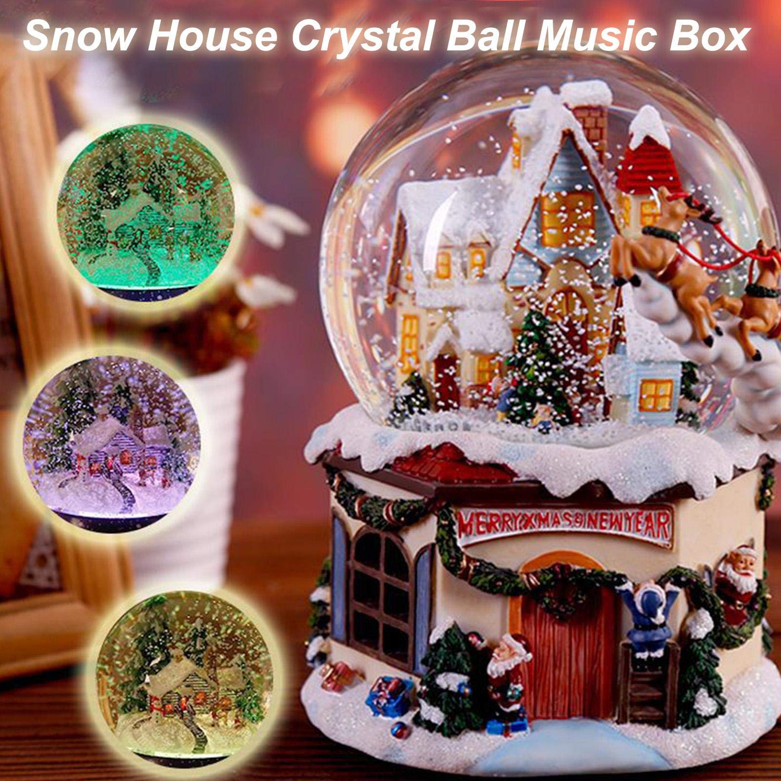 Carillon con Sfera di Natale, Cervo Volante con Casa di Neve di Natale, Palla di Neve Luminosa in Resina Girevole