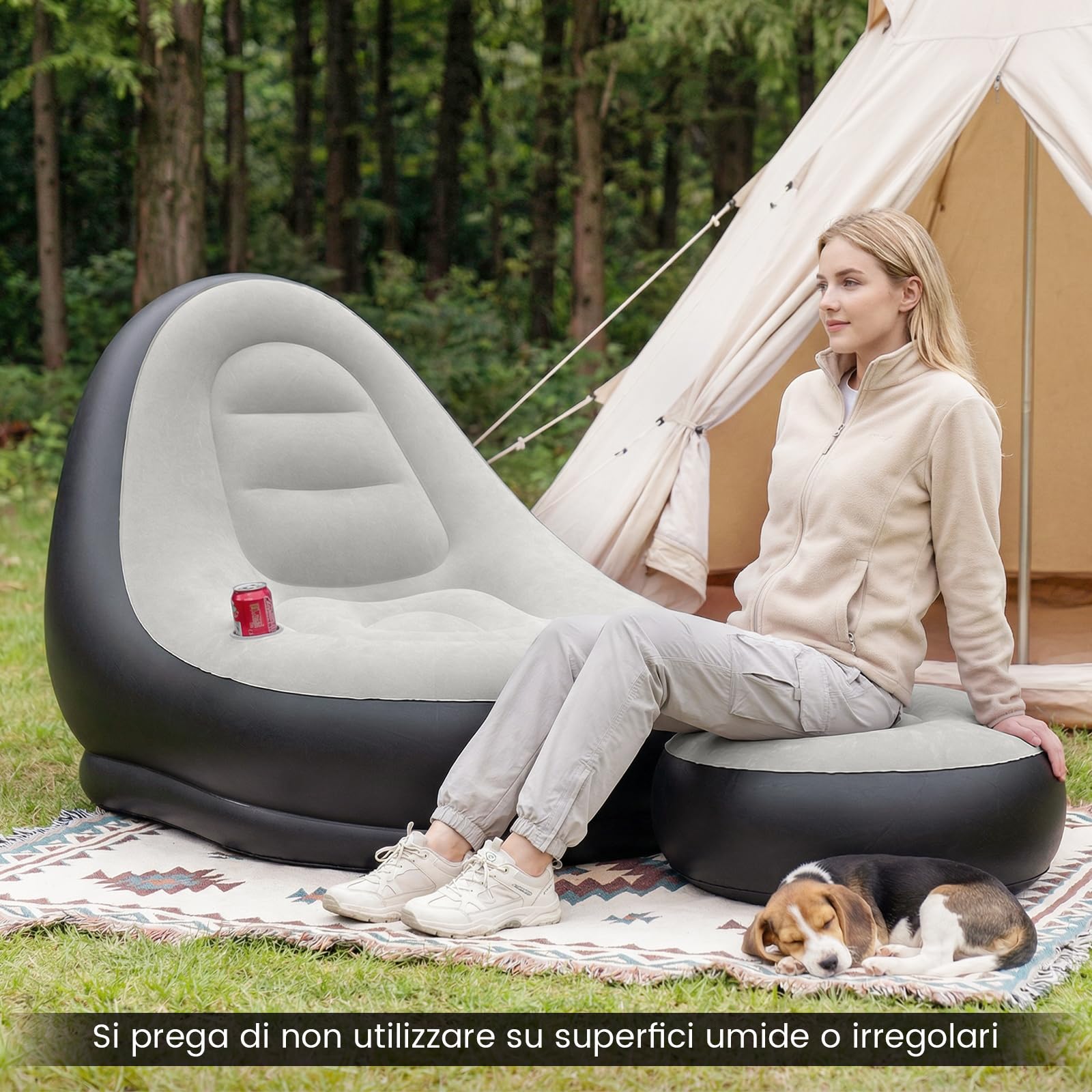 COSTWAY Poltrona Gonfiabile con Poggiapiedi, Divano Gonfiabile Portatile con Superficie Vellutata, Portabicchiere, Divano Singolo Gonfiabile per Esterno Interno Campeggio Viaggi