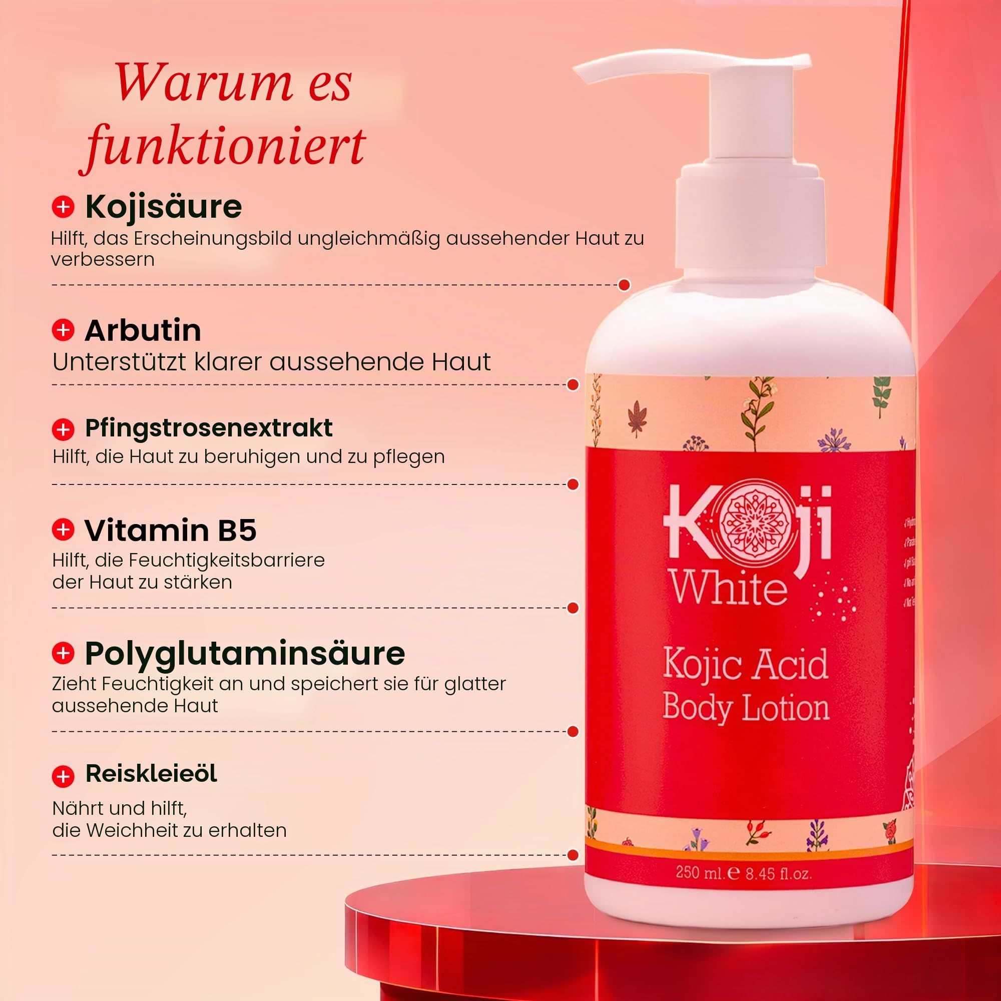 Koji White Kojic Acid Skin Brightening Body Lotion - Daily Moisturizer & Glowing Skin, Dark Spots, Boost Hydrating, Sun Damage Skin, Uneven Skin Tone, Paraben-Free, Vegan, 8.45 Fl Oz Bottle