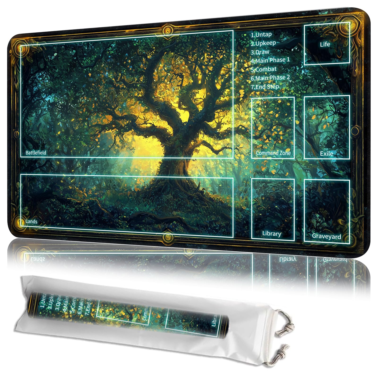 JANENFNA Playmat 24" x 14" with Magic Zones for MTG Card Game Playing, Board Game Mat for Card Breaking Commander Deck Gaming Card Game Battles Mat with Storage Bags, Green Magic Forest