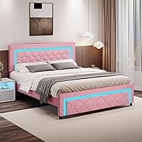 Vista 3 de BarnFurin Base de cama Queen con luces LED, plataforma tapizada con cabecera capitonada de diamante, no necesita somier, sin ruido, fácil montaje