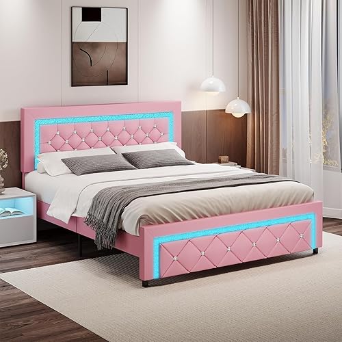 Miniatura 3 de BarnFurin Base de cama Queen con luces LED, plataforma tapizada con cabecera capitonada de diamante, no necesita somier, sin ruido, fácil montaje,