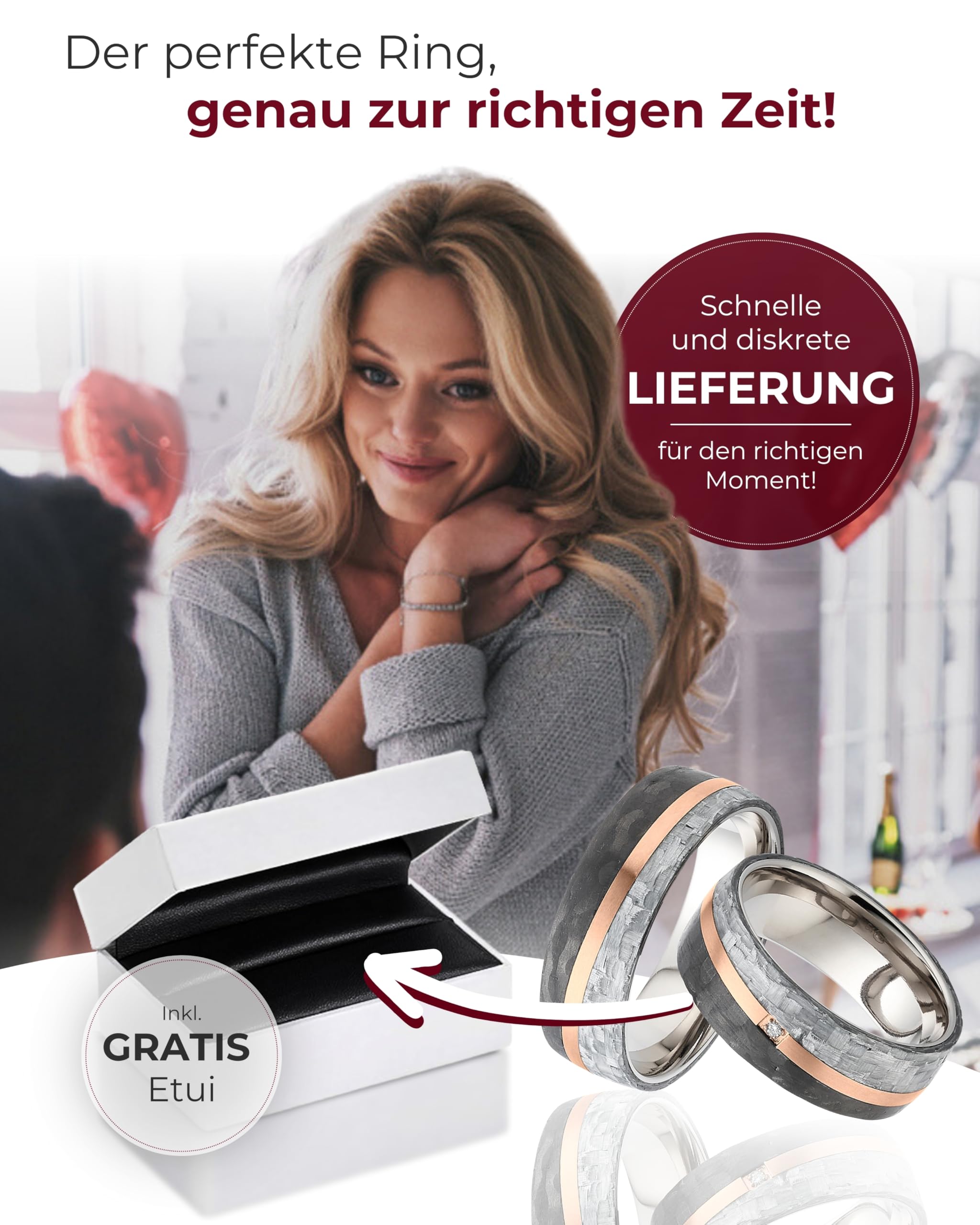 123traumringe Eheringe in Carbon, Titan & Roségold I Partnerringe mit Brillant & Etui I Gravierbare Eheringe mit Ringgröße 50-74 mm I Edle Verlobungsringe in 7 mm Breite & 2,1 mm Stärke I S88