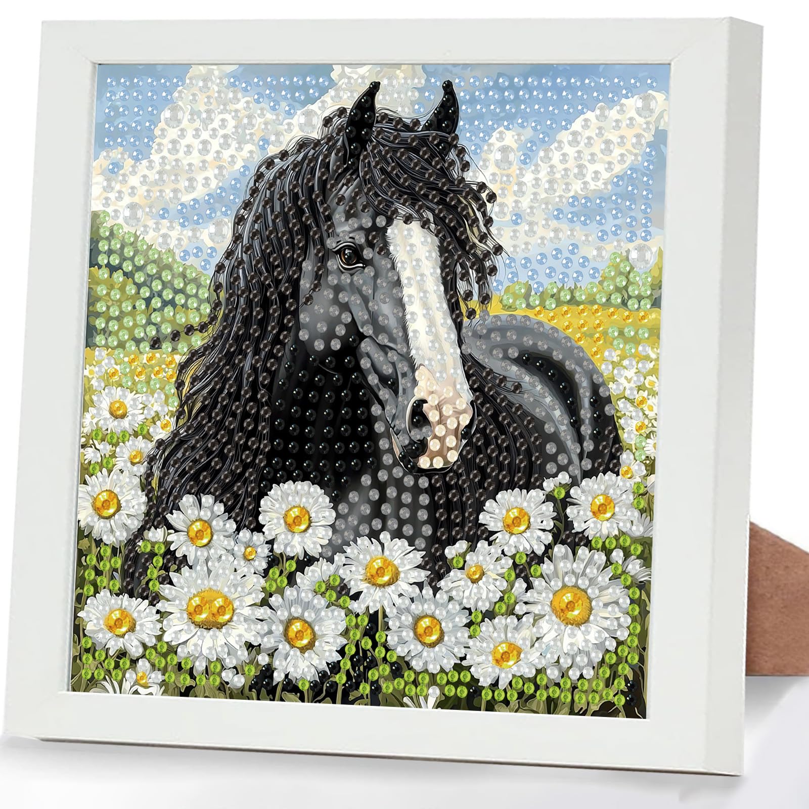 GHHKUD Horse Diamond Art Kits for Kids with Frame, Animal 5D Diamond Painting Kit for Kids Adults, Crystal Small Diamonds Gem Art Crafts Kits Gifts for Girls Boys Children Ages 6-8-12(7x7inch)