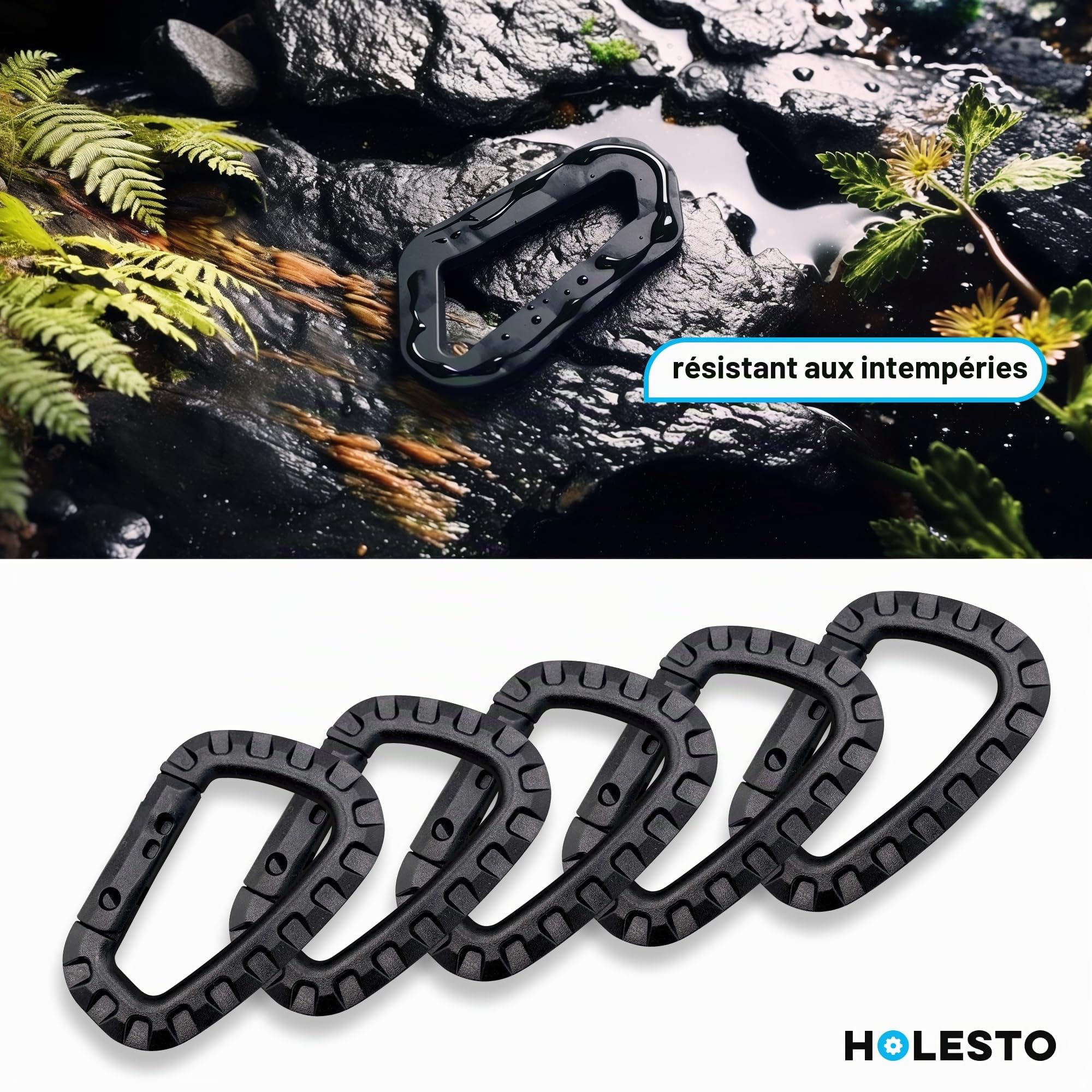 Mousquetons en Plastique – Lot de 5 – Mousqueton Tactique Militaire Noir avec Fermeture à Ressort – Mousqueton Robuste en Forme de D pour Sac à Dos, Camping et Extérieur – Carabiner