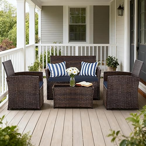 Miniatura 2 de Juego de muebles de patio de 4 piezas, juego de conversación de mimbre para exteriores, sofá modular de ratán con mesa de centro de cristal y cojín