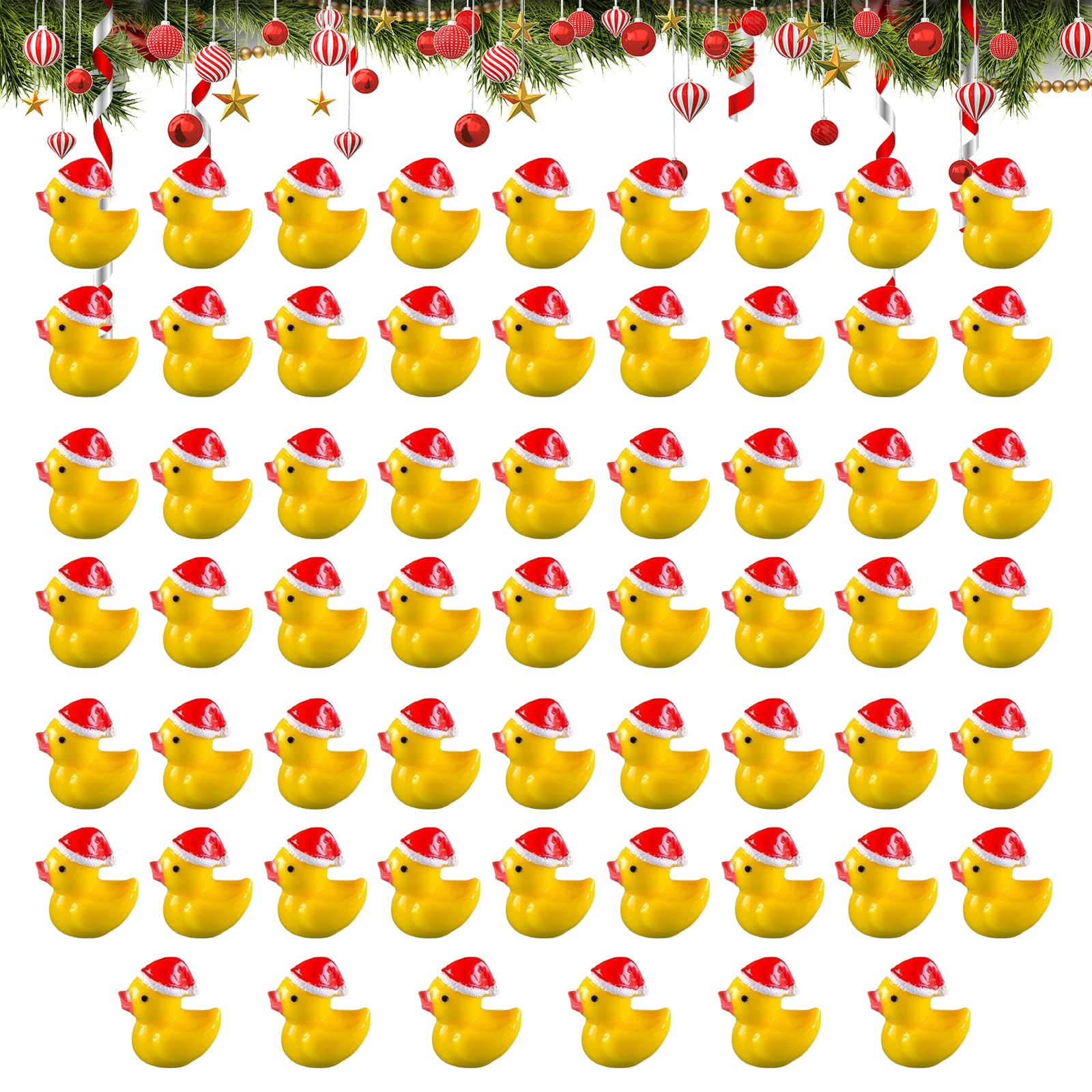 60pcs Mini Christmas Ducks with Red Christmas Hats - Small Yellow Resin Ducks for Party Decorations, Dollhouse, Fairy Gardens