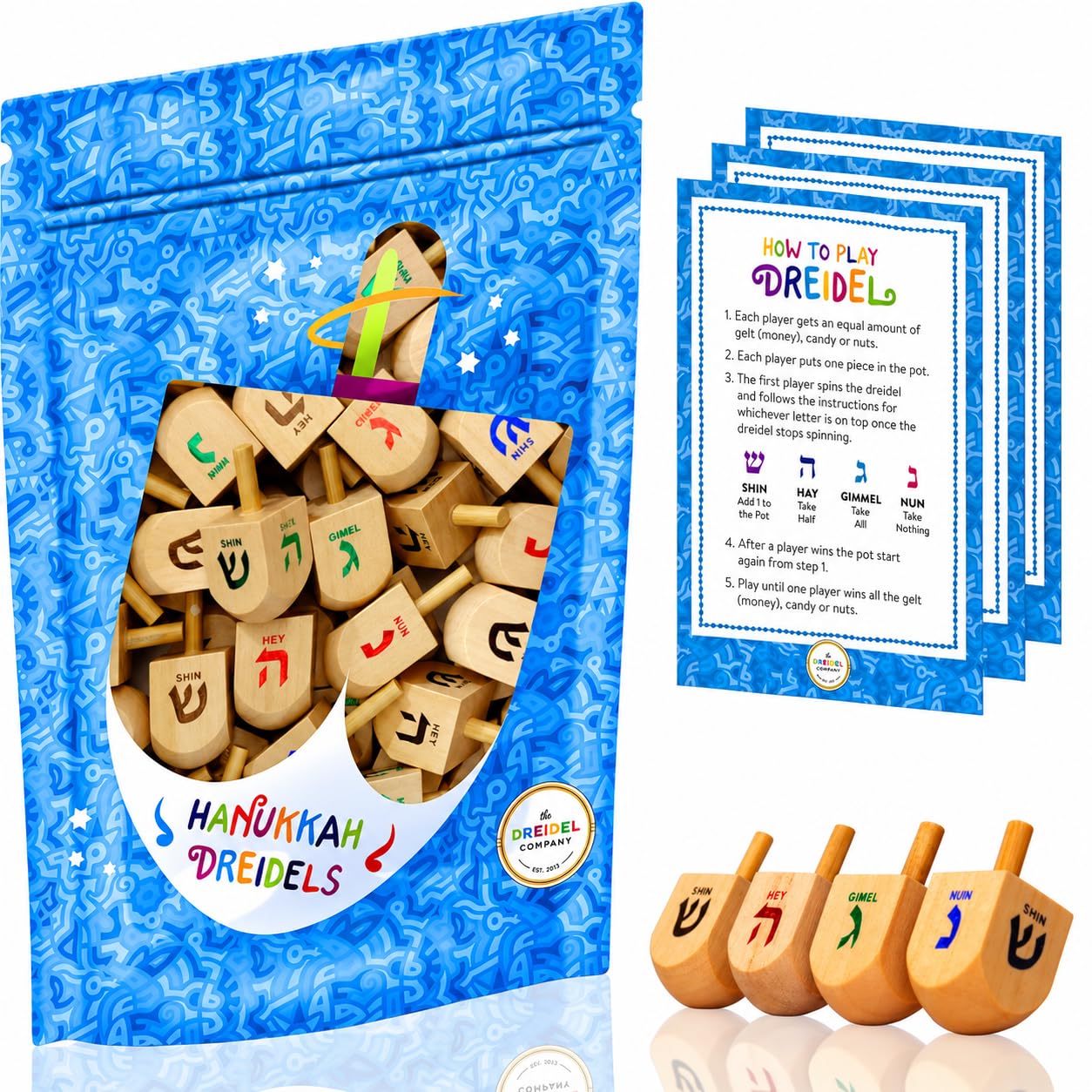 50-Pack Natural Wood Dreidels Hanukkah Draydel with English Transliteration &amp; Instruction Cards (50-Pack)