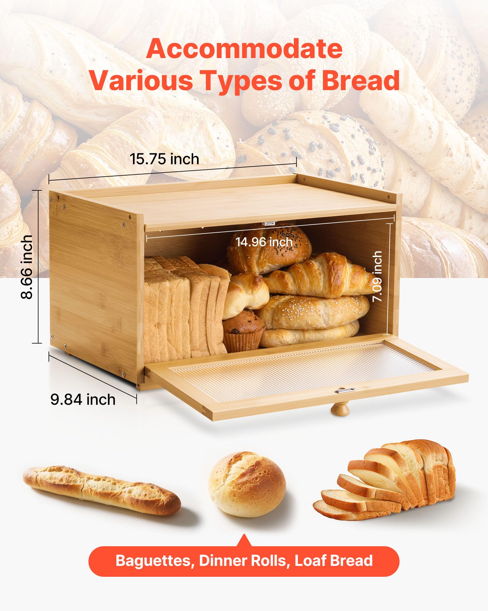 VEVOR Contenitore per Pane da Cucina 400 x 250 x 220 mm Contenitore per Pagnotta in Legno di Bambù per Pane Fatto in Casa, con Pannello Porta in Acrilico Ondulato, Forma di Rettangolo