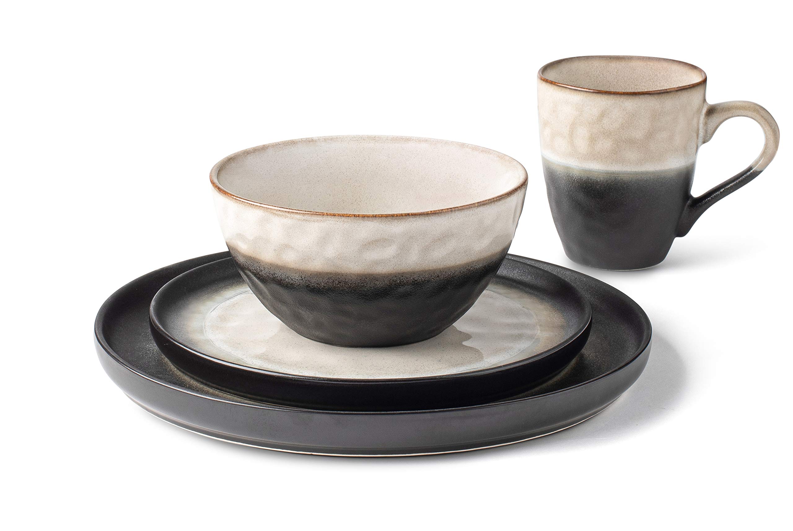 La Rochelle 16 Piece Dish Set with Salad and Dinner Plates, Coffee Cups and Soup Bowls, Crafted with Mercerie Reactive, Elegant Black Textured Finish, Decorative Kitchen and Dining Use (Midnigh)