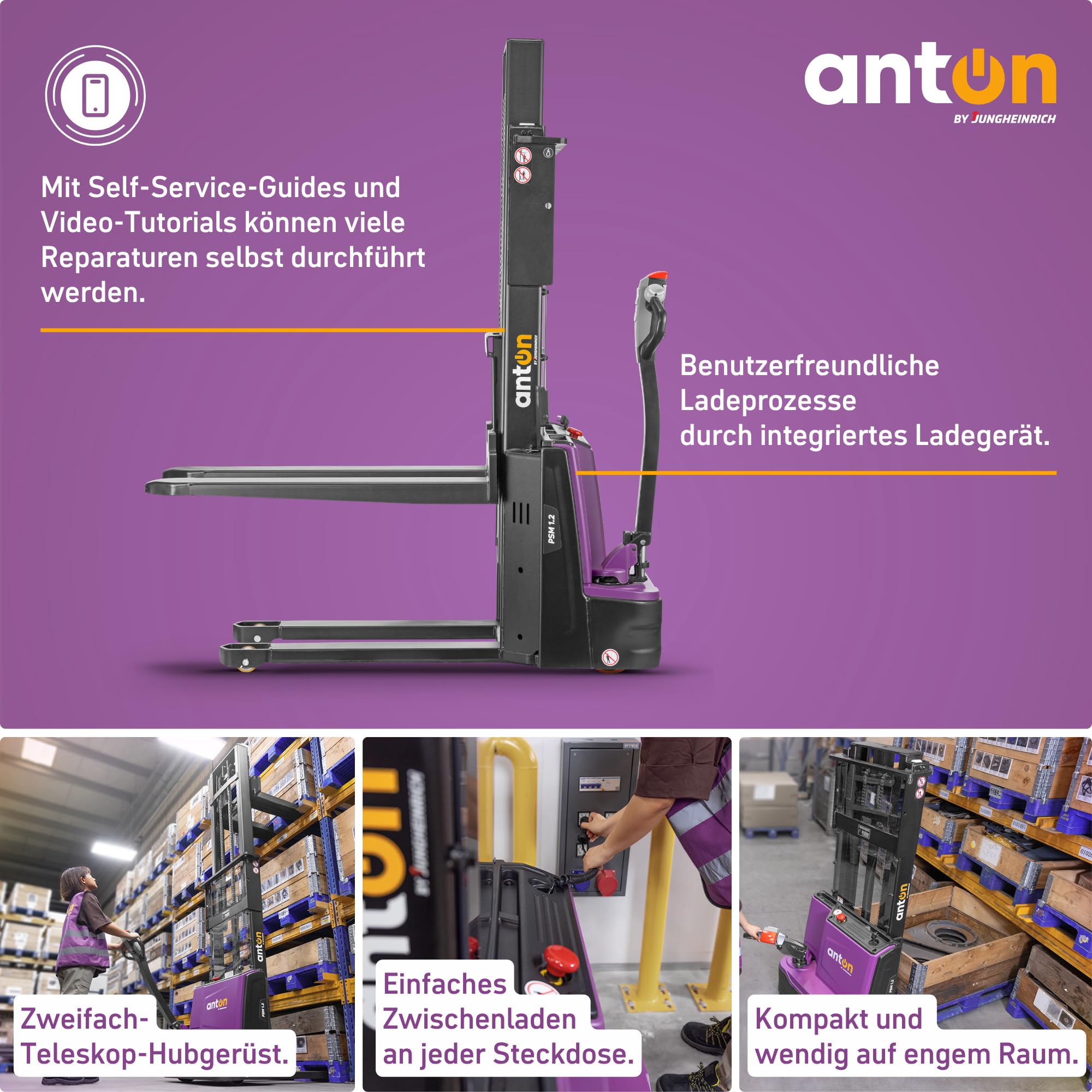 AntOn by Jungheinrich Elektro-Hochhubwagen PSM 1.2 | 1.200 kg Tragkraft | 2.522 mm Hubhöhe | 1.150 mm Gabellänge | Lithium-Ionen-Batterie 24 V / 40 Ah mit Ladegerät | 2-Fach-Teleskop-Hubgerüst