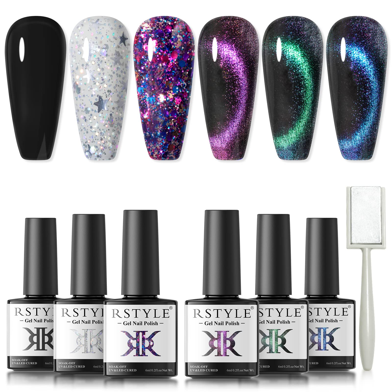 RSTYLE UV Shellac Nail Polish Set, 6 Colours Cat Eye Gel Nail Polish Magnetic Set with Gift Box Magnetic Shellac Nail Polish Gel Polish Cat's Eye Gift Set Soak Off UV LED Nail Gel Polish (6 ml)