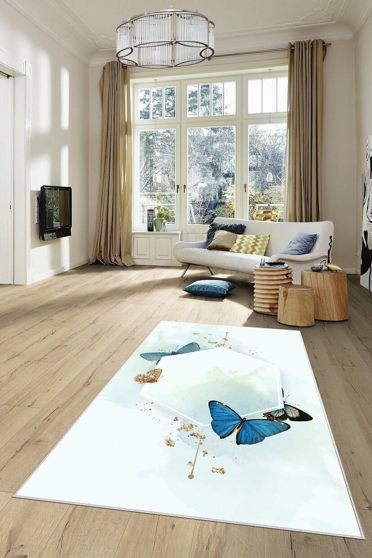 Pelangi Beyaz Zemin Kelebekli Yıkanabilir Kaymaz Taban Leke Tutmaz Modern Salon Halısı Ve Yolluk, Beyaz 40 x 40, 74571090404005