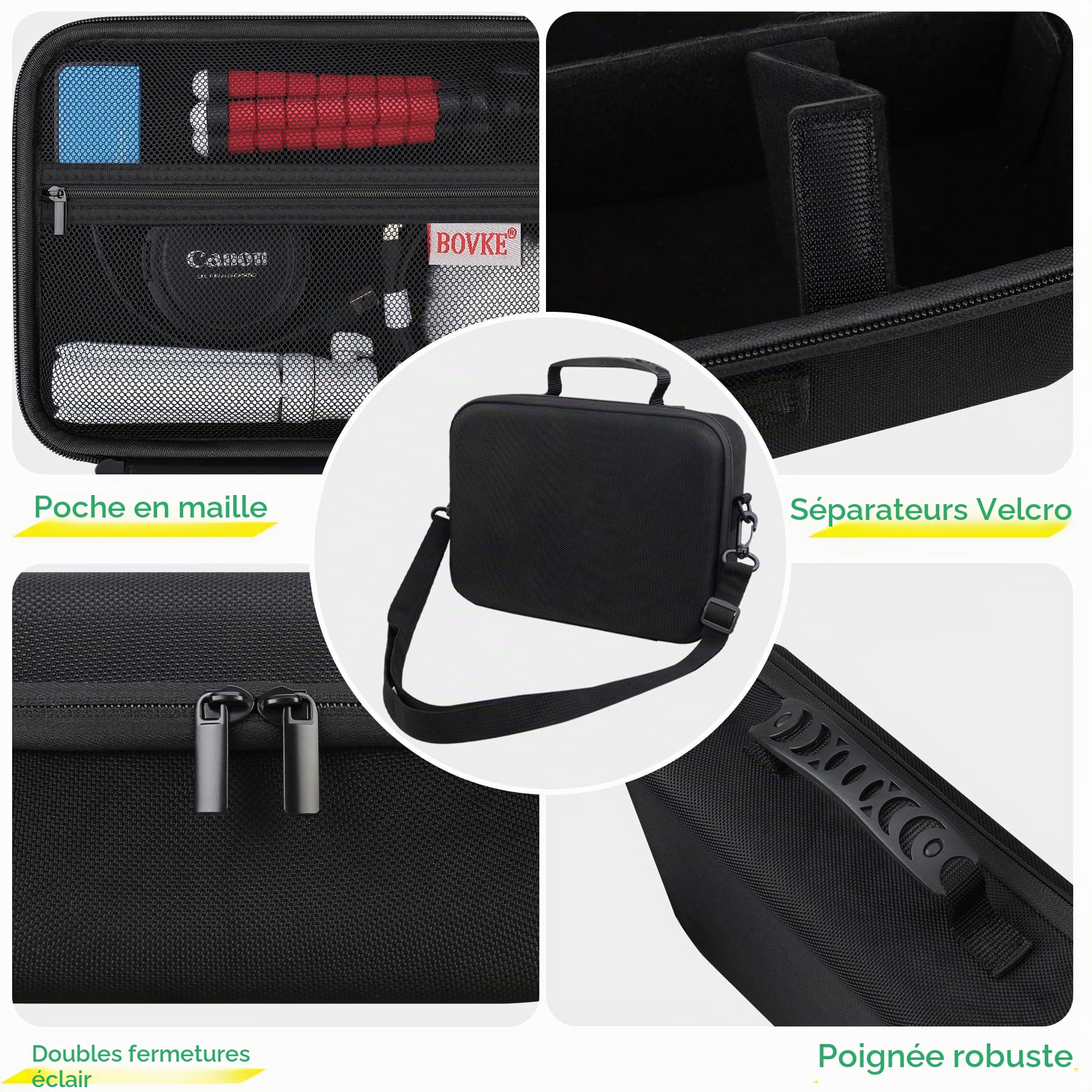 BOVKE Etui pour Canon EOS 2000d/R50/R6 Mark II/R100, étui de Rangement pour Appareils Photo Reflex Numériques Canon, Sony, Nikon, trépieds et Accessoires, bandoulière avec 5 séparateurs, Noir