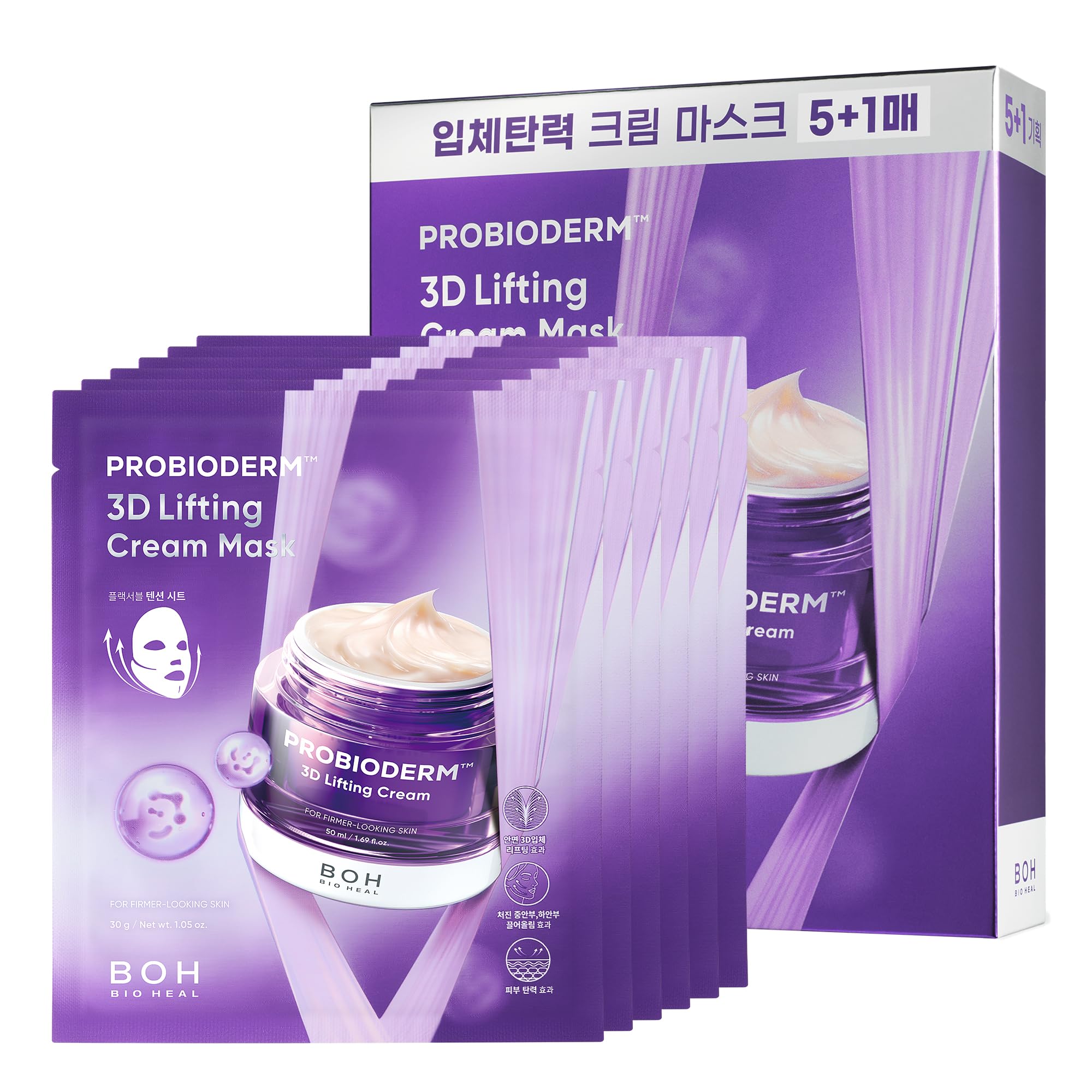 BIOHEAL BOH Probioderm 3D Lifting Cream Mask 6 Sheets | Korean Collagen Face Mask for Wrinkles, Firming & Anti-Aging | Probiotic Skincare Sheet for