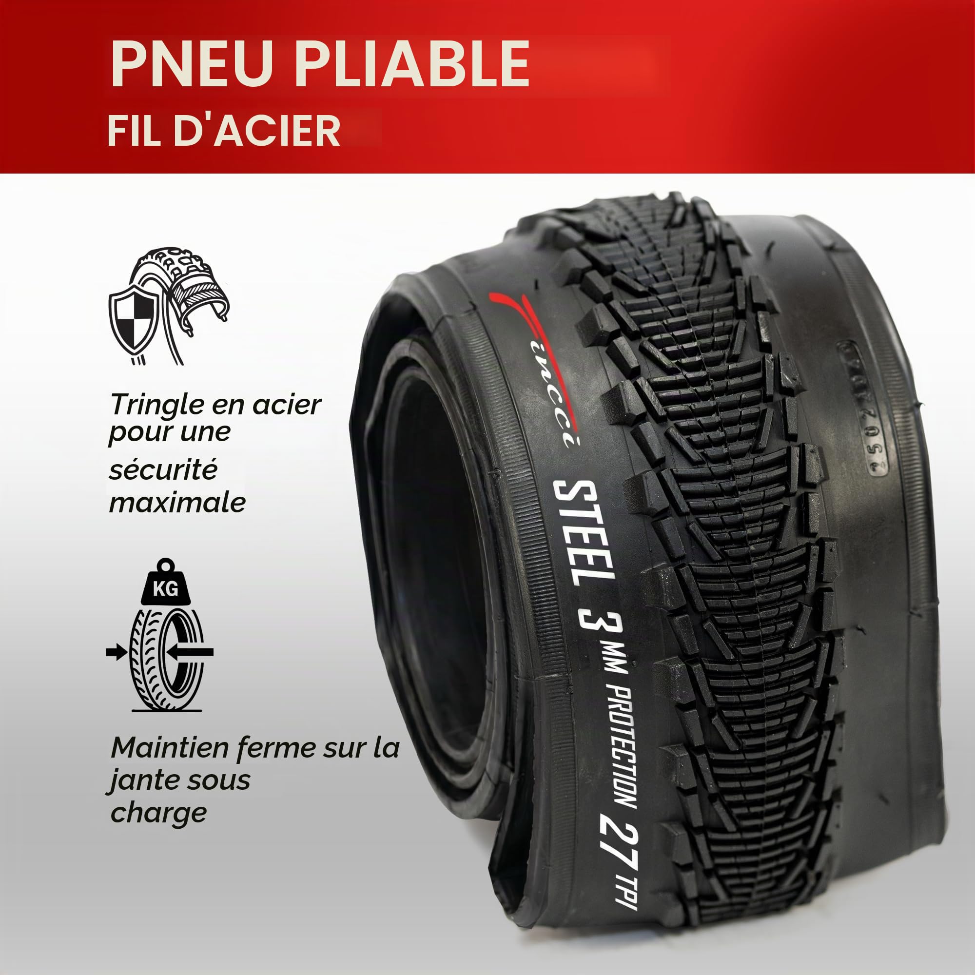 Fincci Pneu VTT 26x1.95 53-559 Pliable avec Protection Anti-Crevaison 3mm | Pneus VTT 26 Pouces avec 27 TPI et Pression 50 PSI pour une Protection Anti-Crevaison 3mm - Lot de 2
