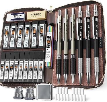 STAGEEK Mechanical Pencil Set with Leather Bag 30 Count, Drawing Pencils 0.5, 0.7, 0.9MM & 3PCS 2MM Sketching Pencils with 464PCS Lead Refills 6B 4B 2B HB 2H 4H Color for Artist Drafting Drawing
