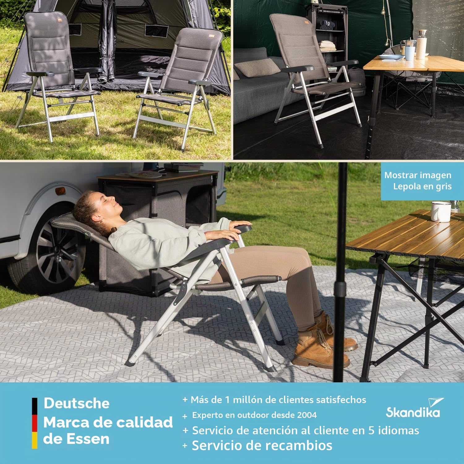 skandika Lepola L/XL/Taburete | Silla Plegable de Aluminio, Respaldo Alto y Regulable en 7 Posiciones, Acolchada, Plegable, reposacabezas (1XL)