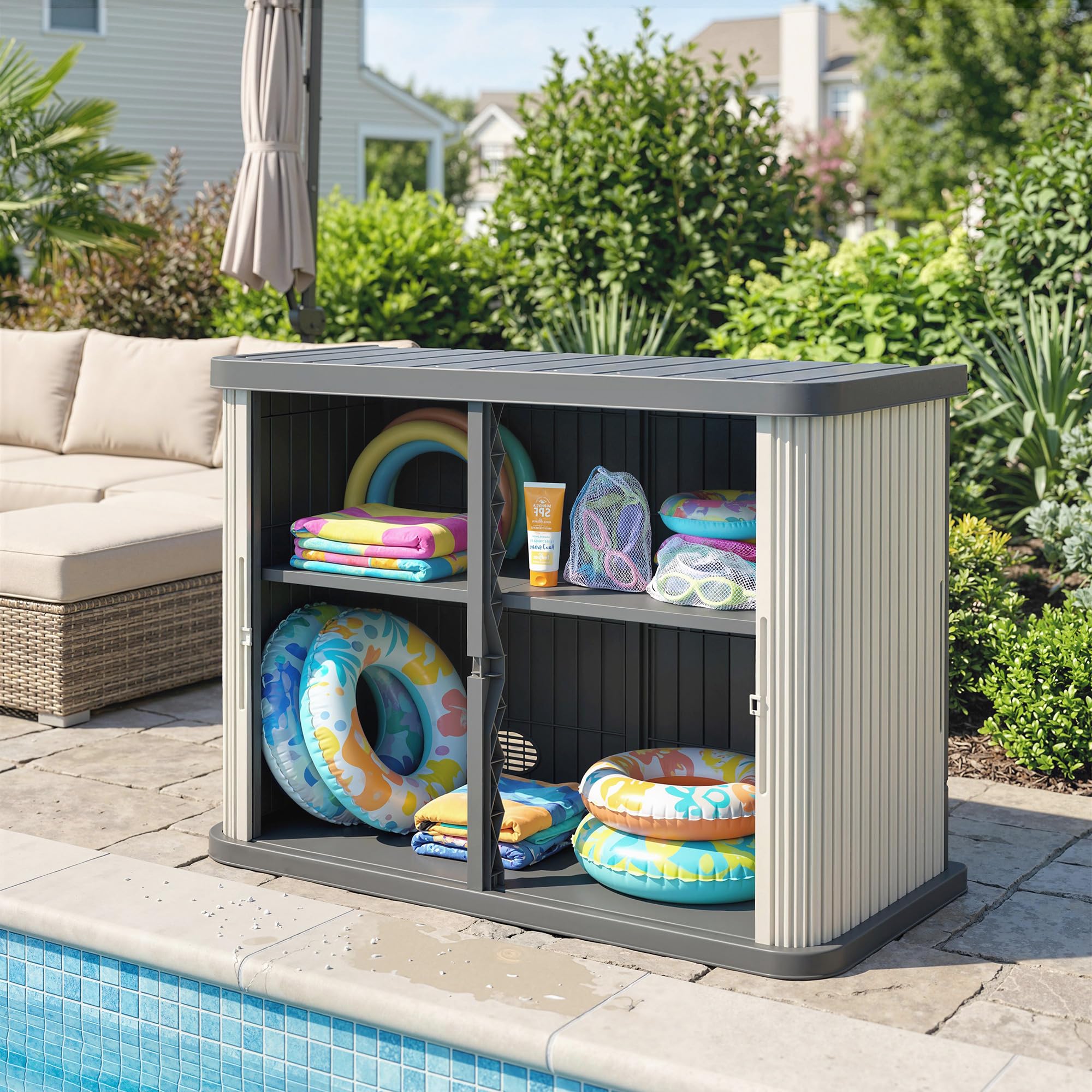 Outsunny Coffre de Rangement Extérieur 480 L 2 Niveaux Portes Coulissantes Résistant aux UV Jardin Terrasse 120,5x59,5x92cm Marron Clair