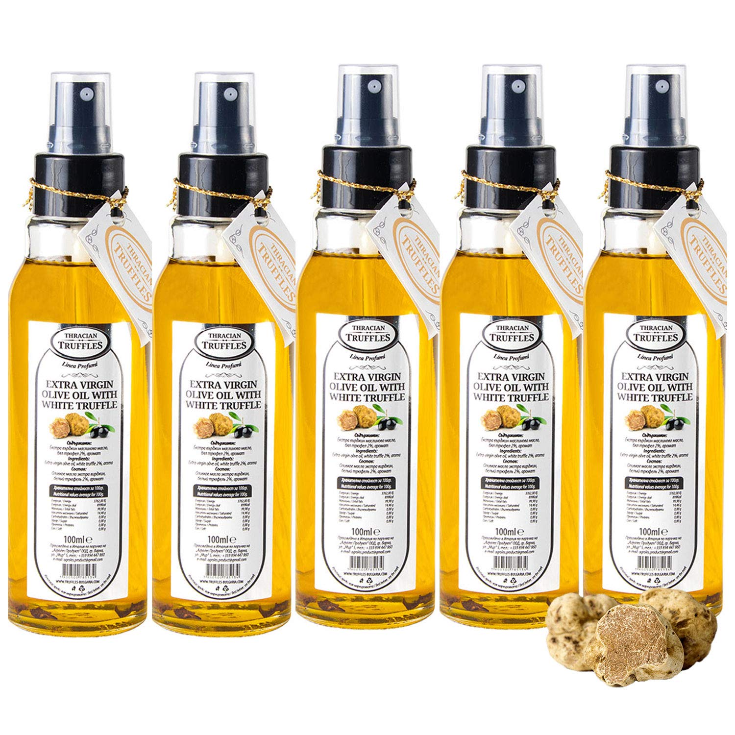Extra Virgin Olive Oil avec Truffe Blanche White Truffle Tuber Magnatum Pico pour cuisiner, servir, salades SPRAY (5 bottles x 100ml)
