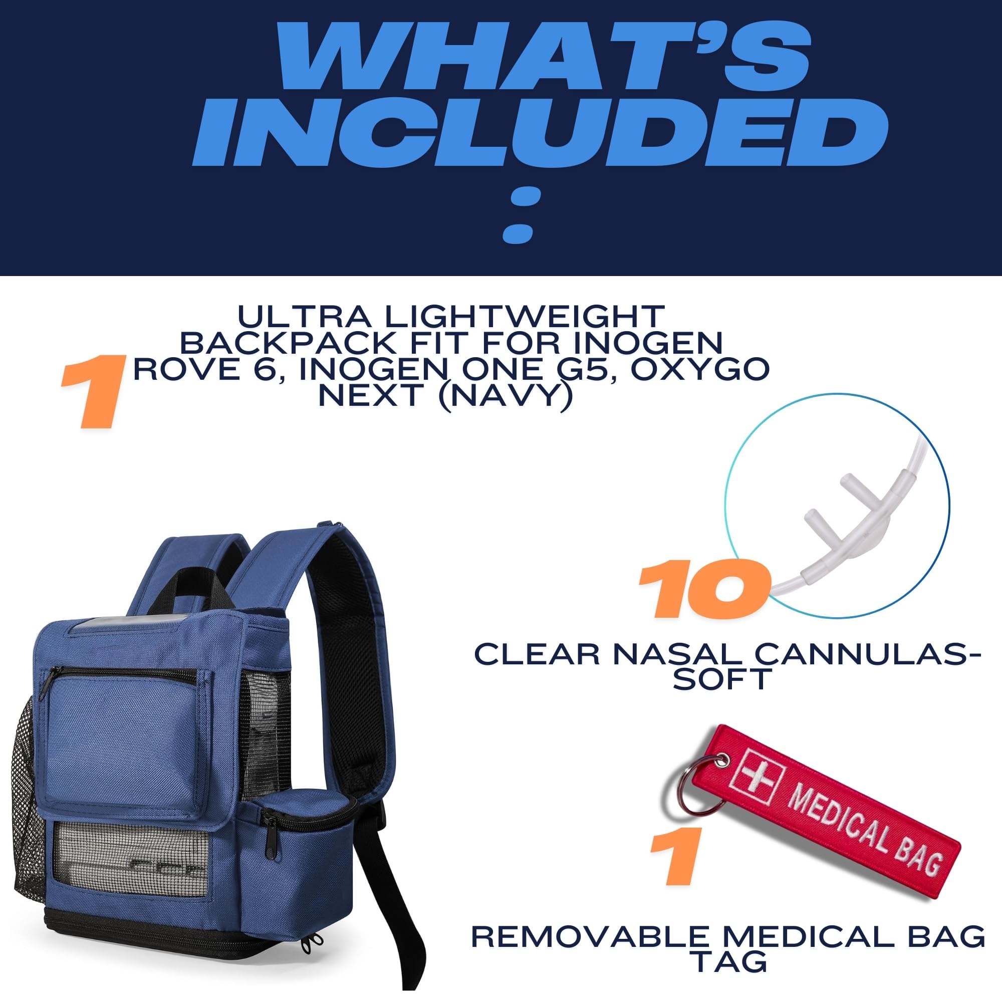 Sac à dos ventilé ultra léger compatible avec Inogen Rove 6, Inogen One G5, OxyGo Next, lot avec (10) canules de 1,2 m, sac à dos médical pour lit simple ou double, fond zippé (bleu marine)