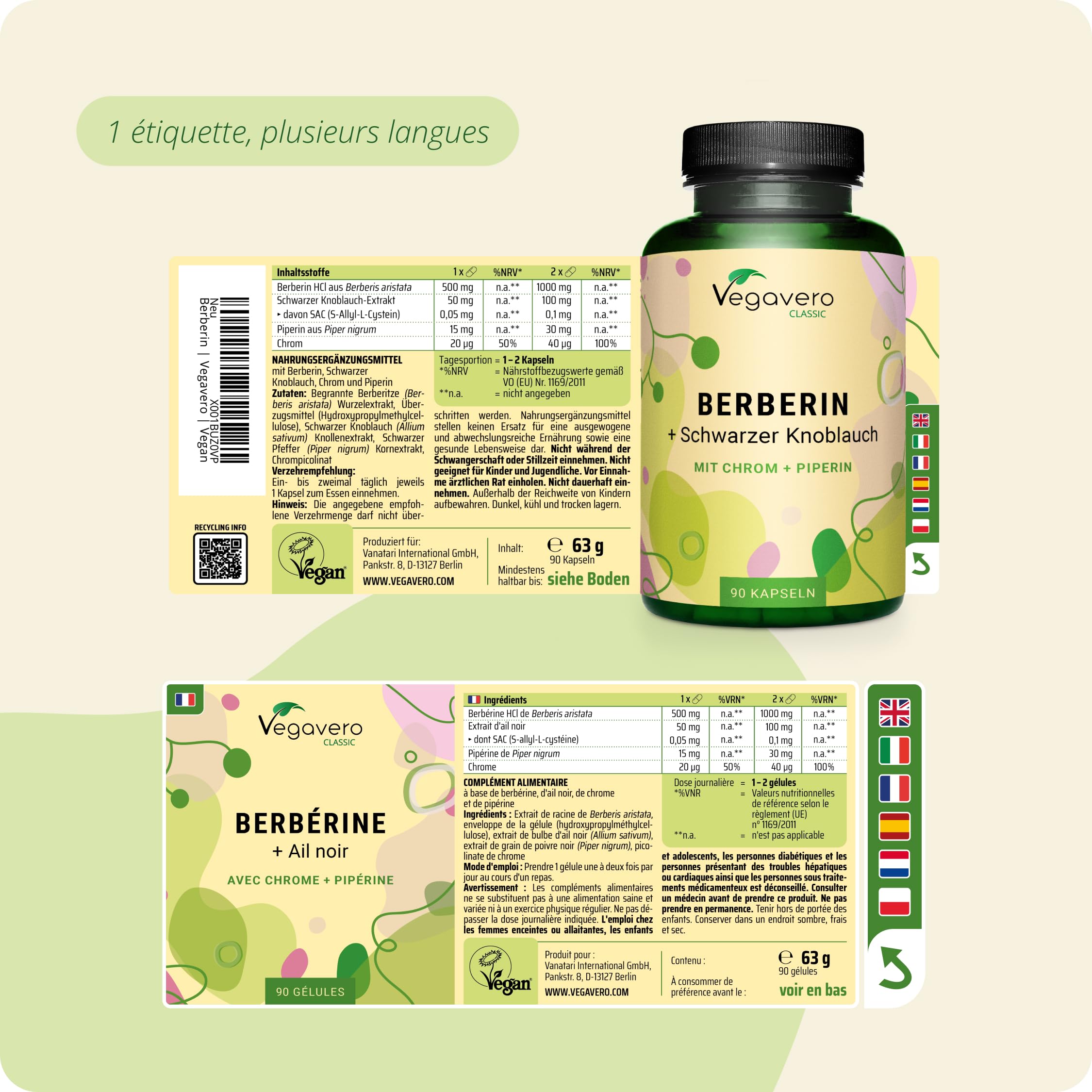 Berberine 1032 mg | Avec Ail Noir, Chrome et Poivre | 3 MOIS | 97% Berbérine HCl | Cholestérol + Métabolisme | 90 Gélules | Sans Additifs | Vegavero®