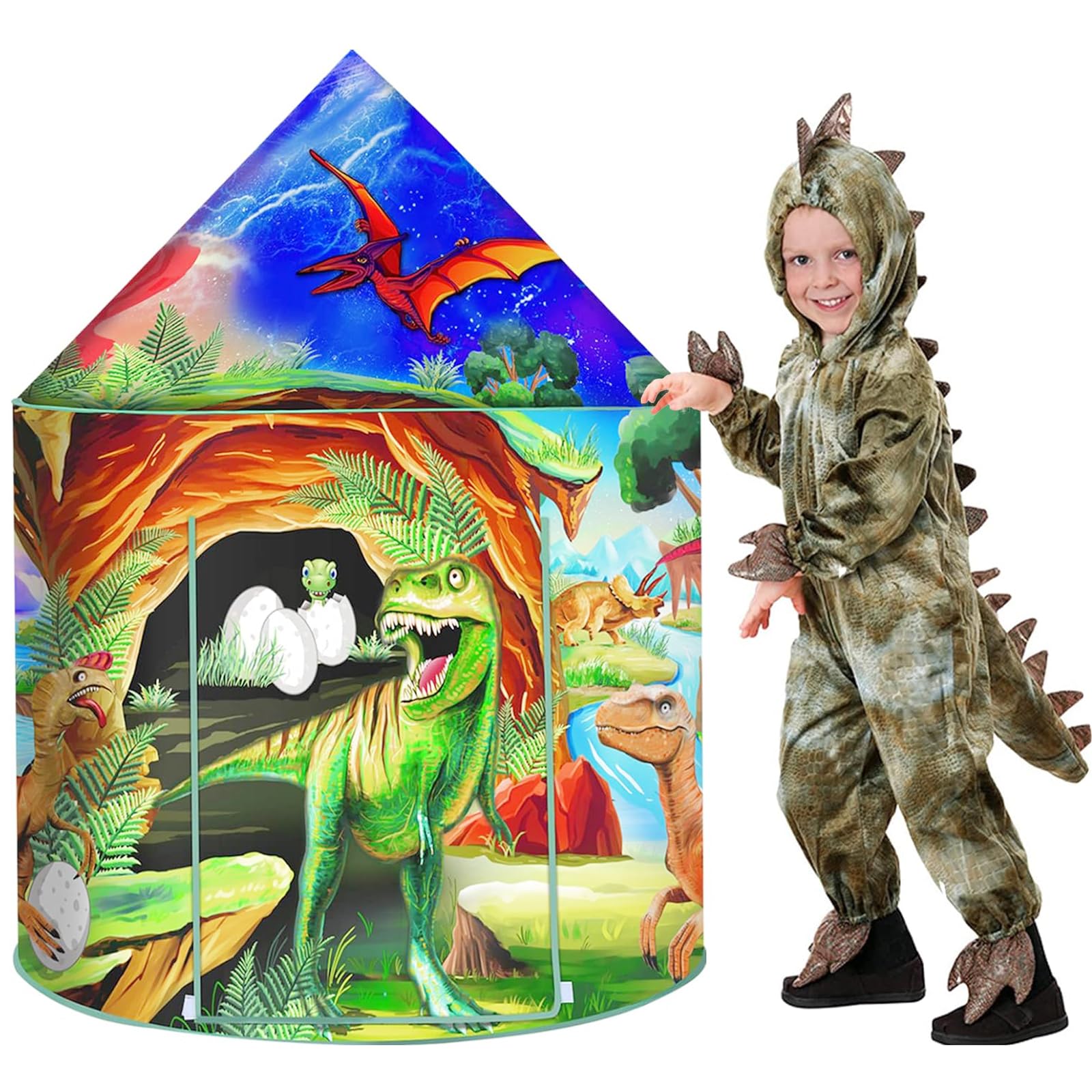 Dinosauro Tenda per Bambini Casetta Bambina Bambino Pop Up Capanna per Bambini Esterno Interno Portatile con Dinosauri Adesivi Casette Giochi Bambini