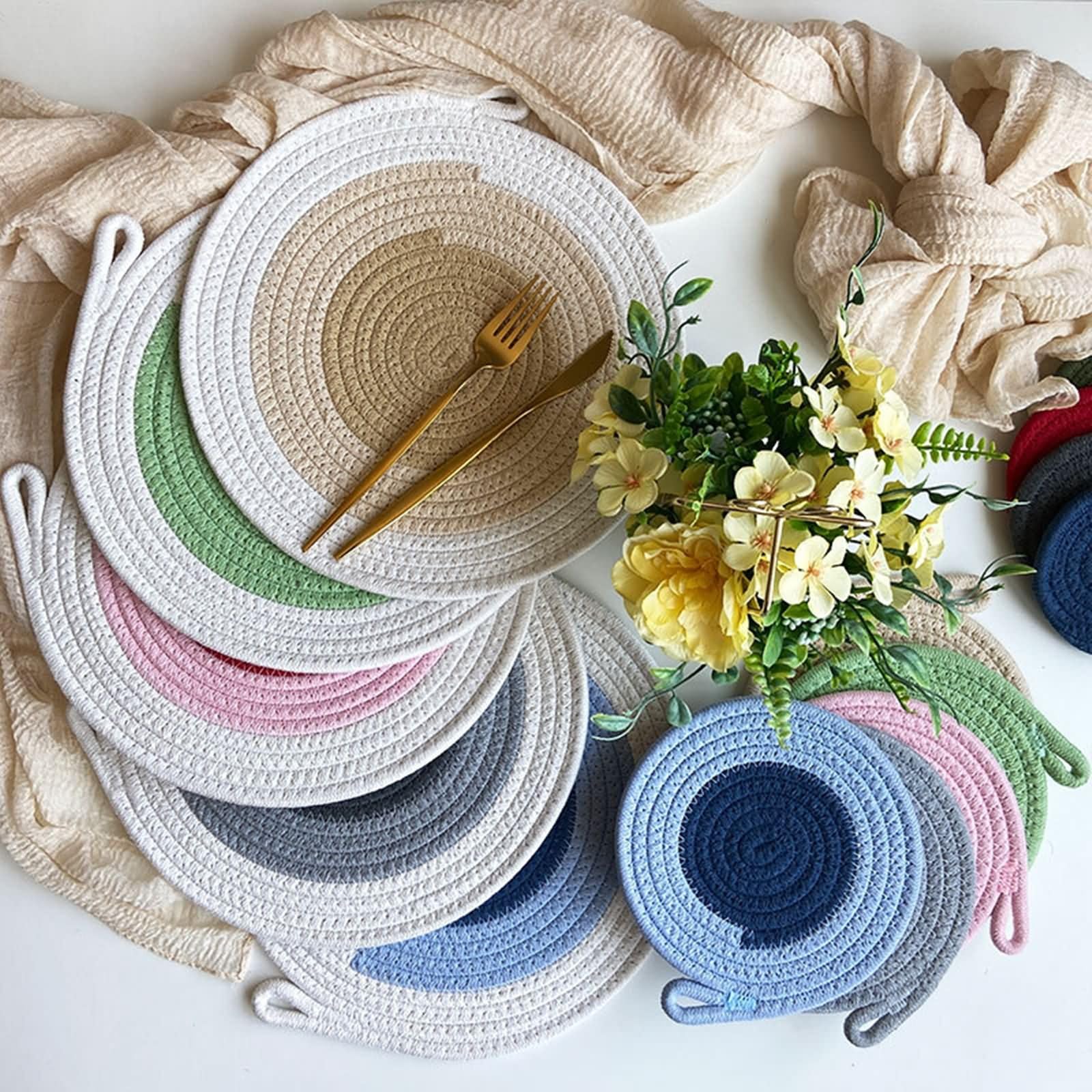 Tovaglietta 6 Pezzi, 24 CM Tovagliette per Ristorante Cotone Lino Blu, Rotondo con Tessuto
