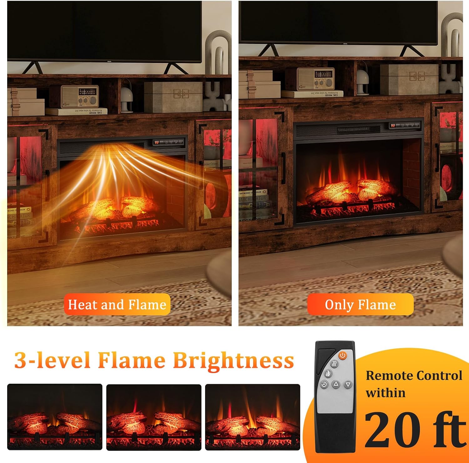 Tangkula Fireplace TV Stand for TVs Up to 65", Adjustable Shelves LED Light Entertainment Center with Electric Fire Place, for Living Room, Bedroom (Rustic Brown)