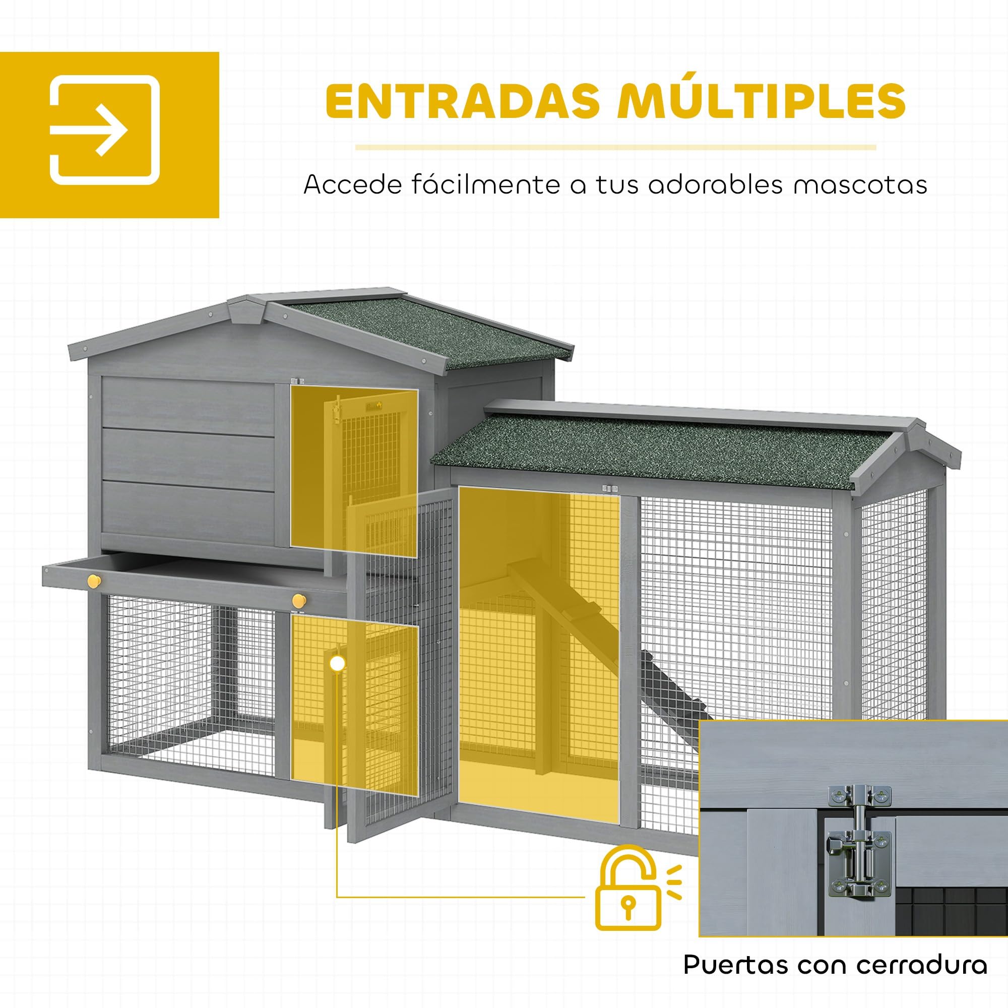 PawHut Conejera de Madera de 2 Niveles, Jaula para Conejos Grande con Techo Asfáltico, Bandeja Extraíble y Escalera, Conejera para Exterior, para Cobayas y Hámsteres, 150x45x85 cm, Gris