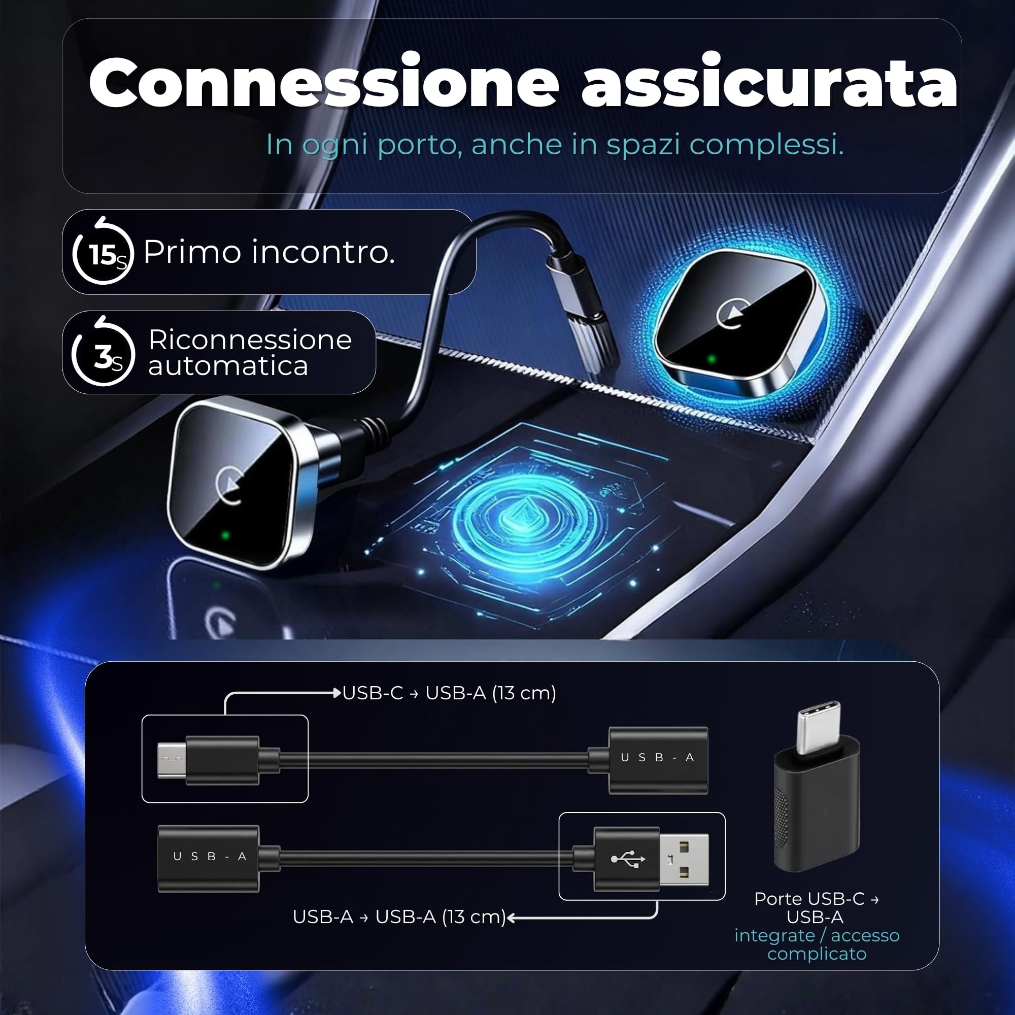 Adattatore Carplay Wireless 2 in 1 Mini 2026, Android Auto Wireless con USB Plug & Play, Riconnessione Rapida ~3 s, USB-A/USB-C e Dongle Rigido per Porte Difficili