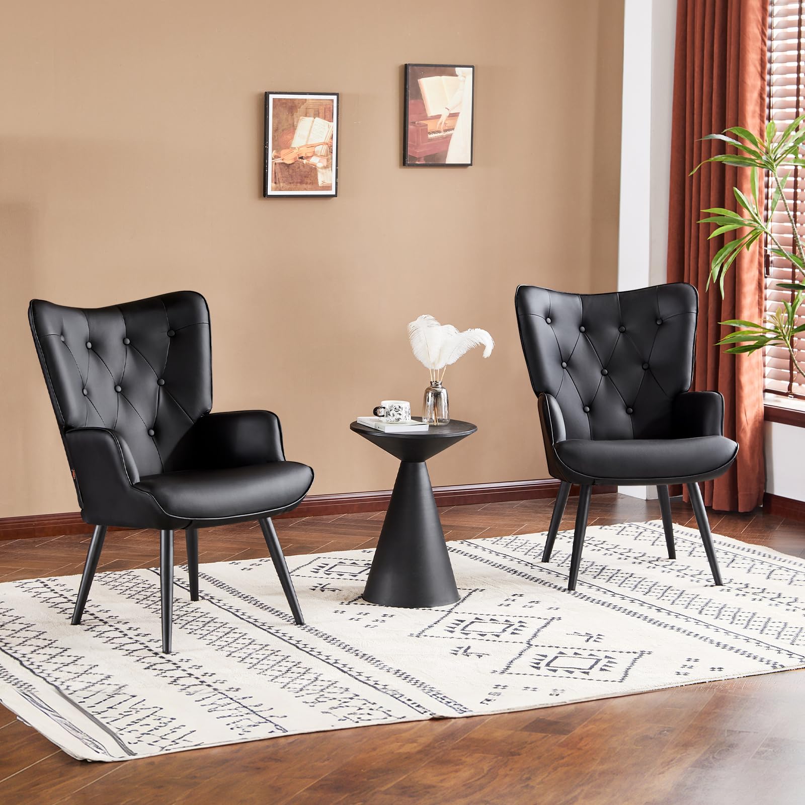 Furniliving PU Leather Accent Chair for Living Room, Upholstered Reading Chair with High Backrest, Tufted-Button Wingback Armchair for Bedroom,