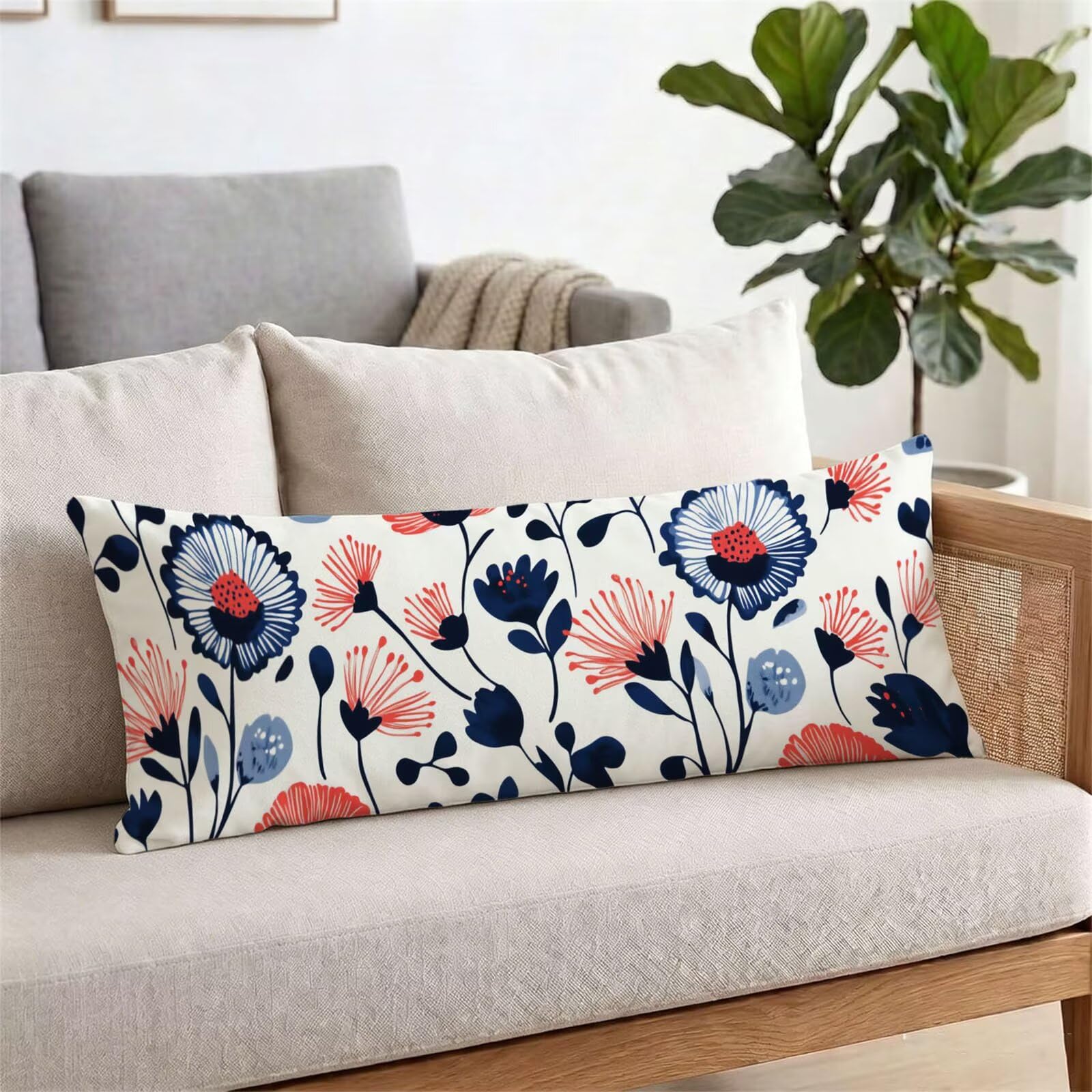 Funda de Almohada 60 x 180 cm Flores Protector Almohada 180 cm con Cremallera Invisible, Lino Durable y Transpirable Pillow Case Quemado Impresión a Doble Cara para Cama, Sofá y Dormitorio dg-128