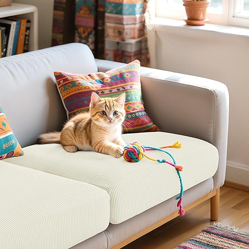 Miniatura 6 de Hokway Fundas protectoras de cojín elásticas individuales para sofá, reversibles, fundas protectoras de cojín de sofá (blanco crema, S, 3 unidades)