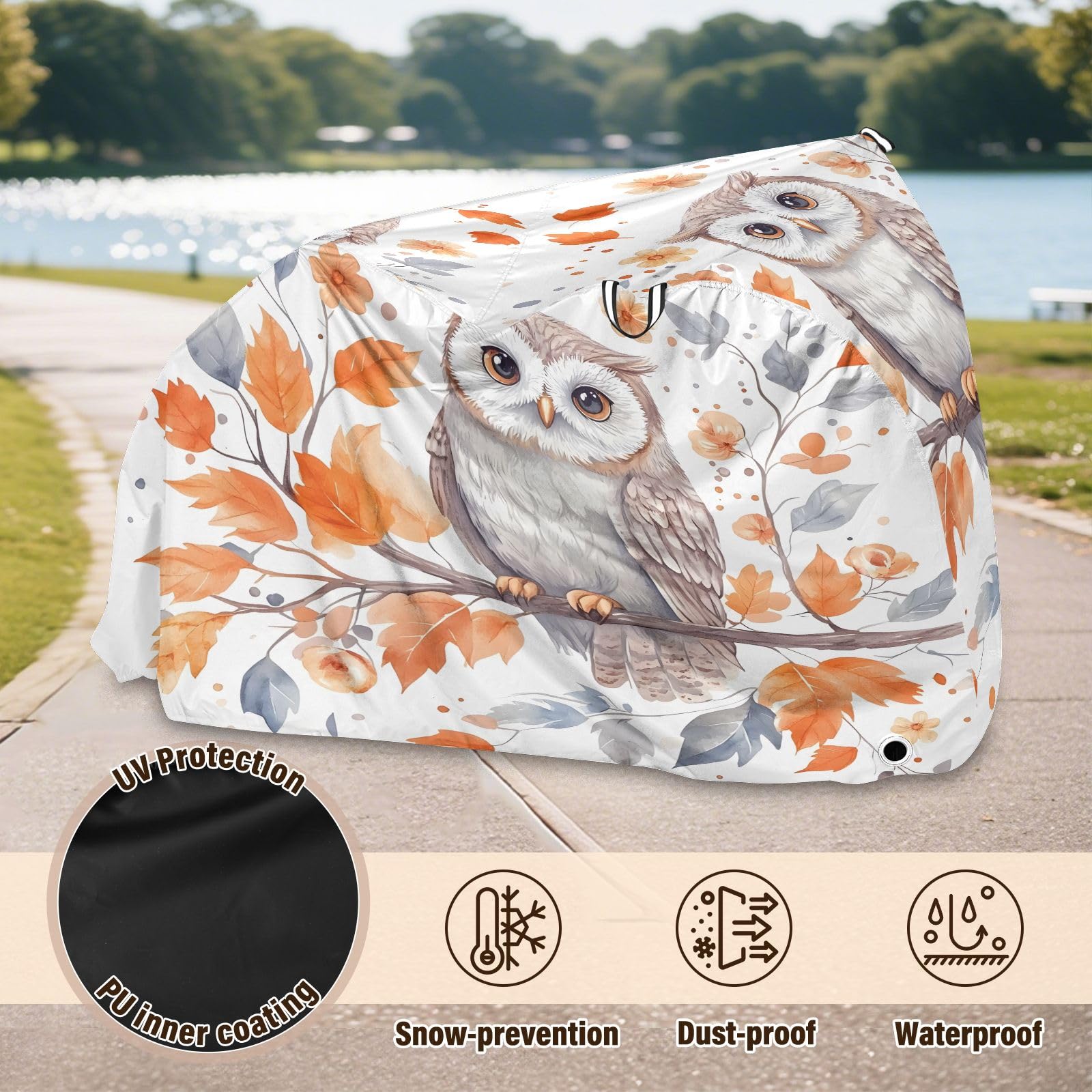 Pokrowiec na rower, wodoodporny, outdoorowy, rowerowy, motorower, wytrzymały, wiatroszczelny, ochrona przed słońcem, do roweru górskiego, szosowego, sowa, liść klonu