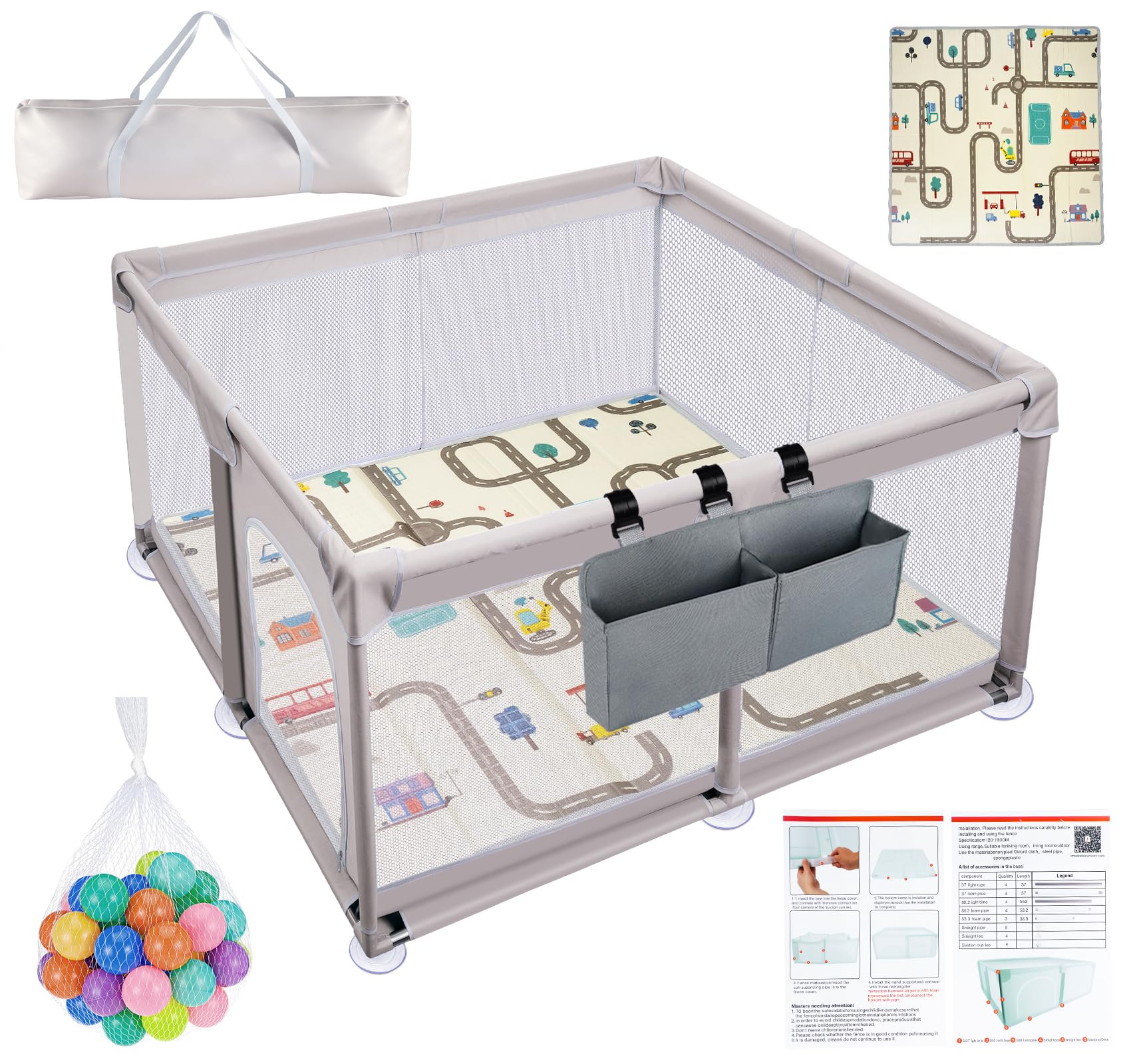 Laufstall Baby 120x120 cm mit Spielmatte und 2 Aufbewahrungstaschen,Laufgitter Baby mit Matratze,Baby Playpen aus 600D Oxford,Atmungsaktives Laufgitter,Sicherer Spielbereich für Babys und Kleinkinder
