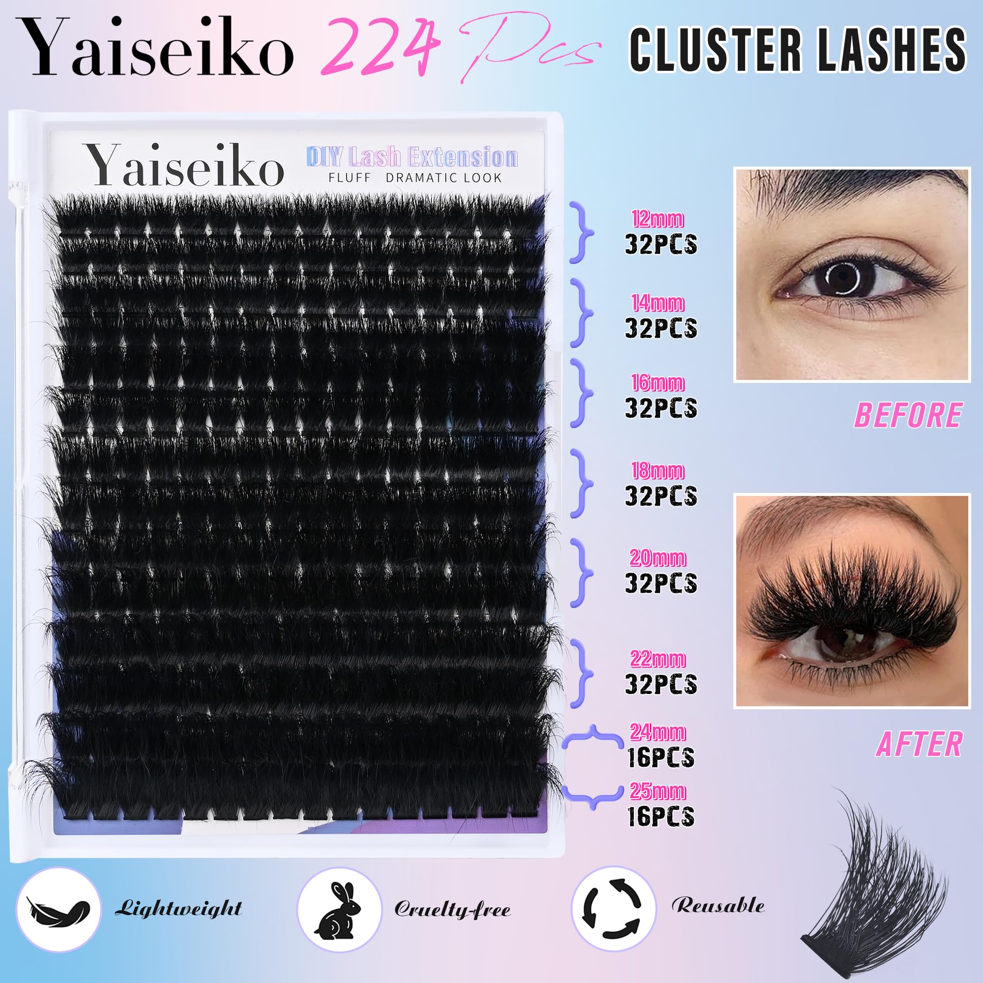 Wimpern-Cluster, 300D, dick, lang, 12–25 mm Volumen, Cluster-Wimpern, 224 Stück, Wispy, einzelne Wimpern, D-Curl, wasserdicht, weiche falsche Wimpern, DIY zu Hause, von Yaiseiko