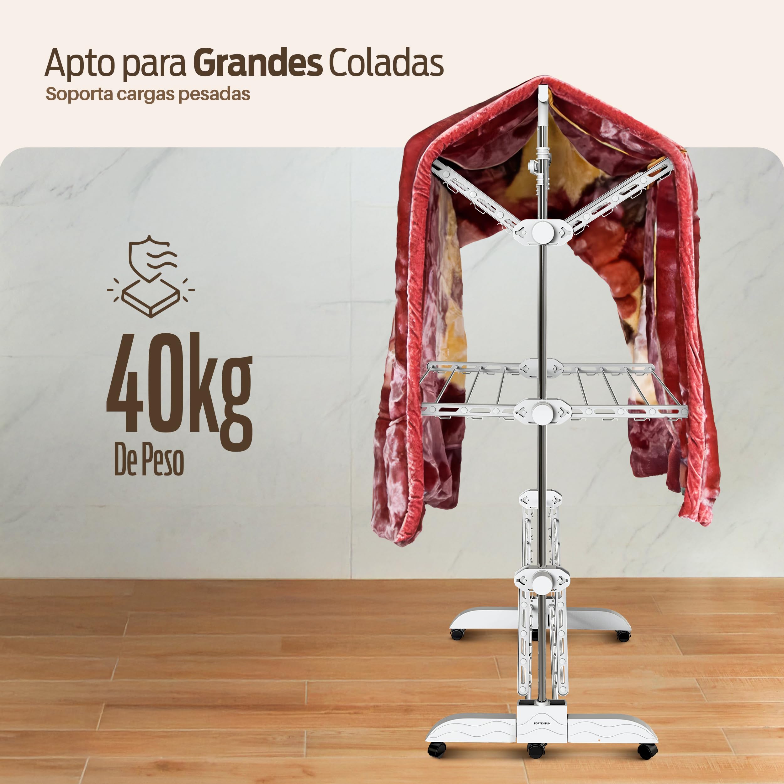PORTENTUM Tendedero Vertical Plegable 14 cm – 5 Niveles y 58 Ganchos para Perchas – hasta 40 kg – Tenderete 24 Barras de Secado de Acero Inoxidable – Interior y Exterior – Ruedas giratorias con Freno