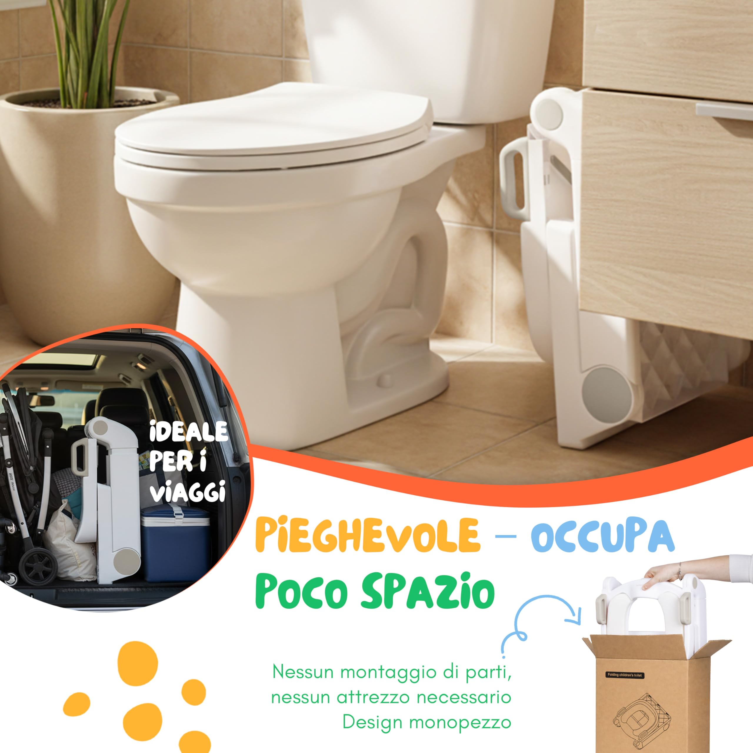 Riduttore WC Bambini con Scaletta Beige Dai 18 Mesi - Adattatore WC per Bambini Pieghevole, Maschietti e Femminucce - Regolazione Continua in Altezza - Completamente Ripiegabile
