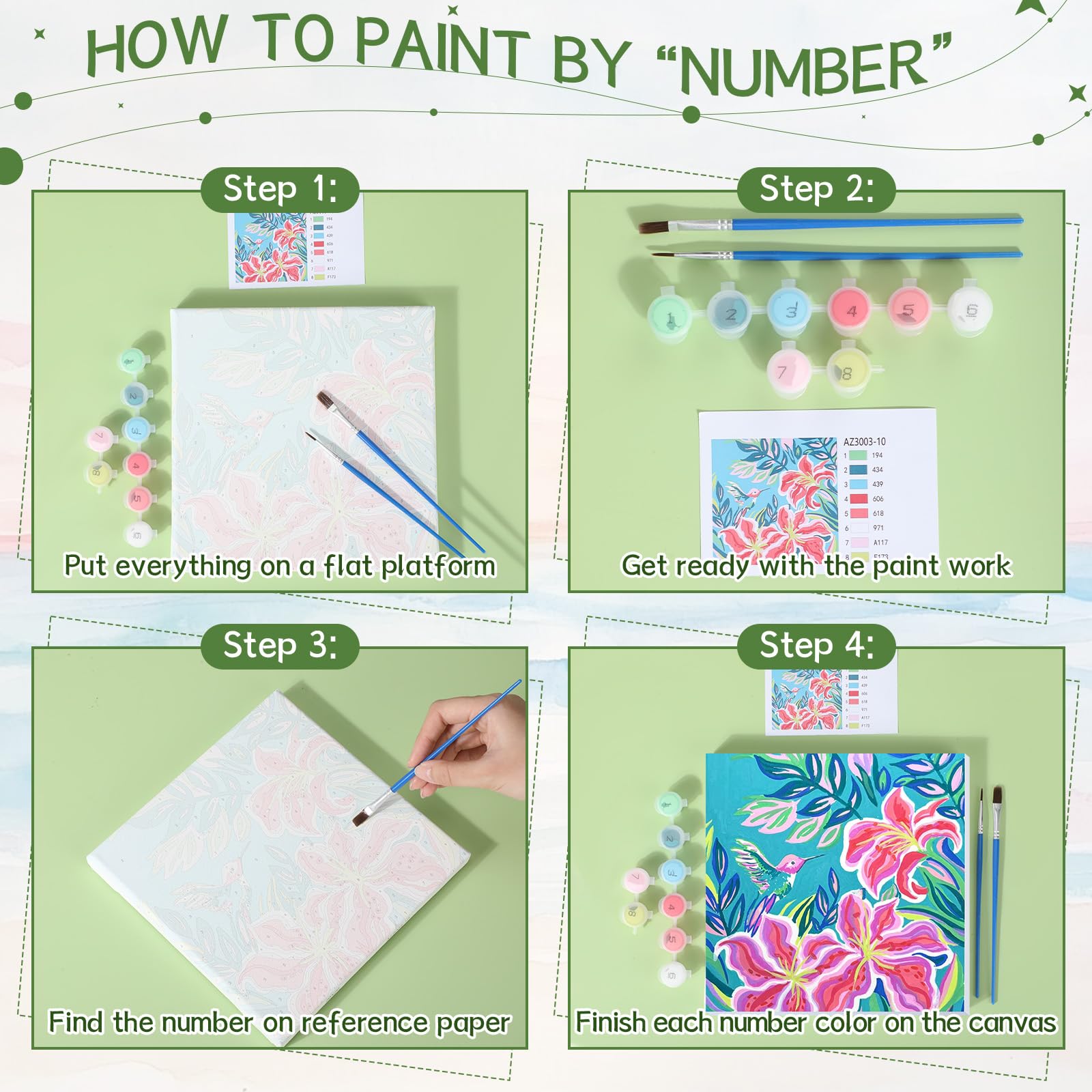 Nezyo 12 set di pittura con numeri, kit con cornice per adulti principianti, pittura acrilica fai da te con numeri, tela per pittura, feste, attività in classe, regalo di compleanno, 20 x 20 cm