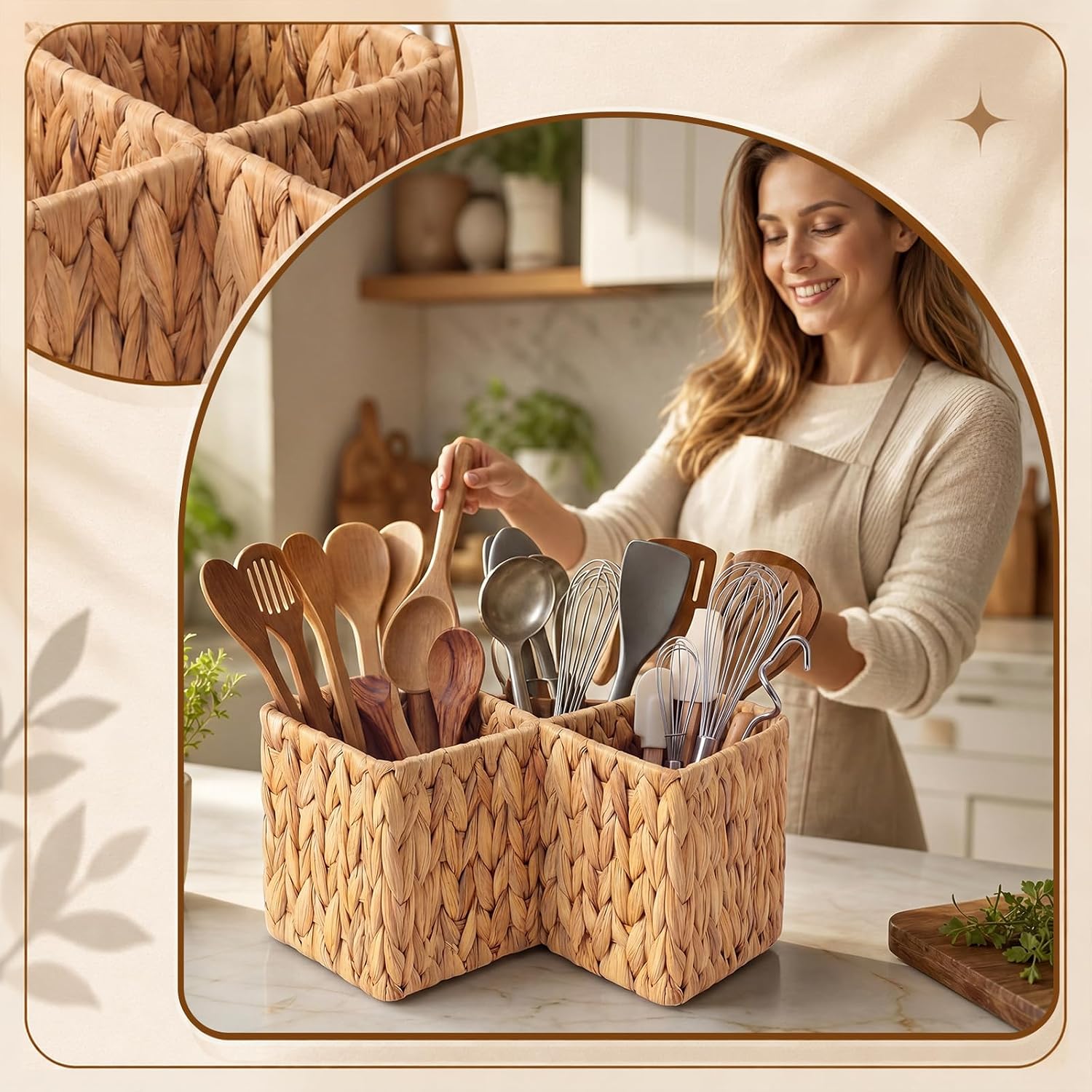 Woven Wicker Kitchen Utensils Caddy with 3 Compartments, 9.45 x 9.45 x 6.3 Inch Water Hyacinth Cutlery Holder for Countertop Wicker Silverware Flatware Organizer