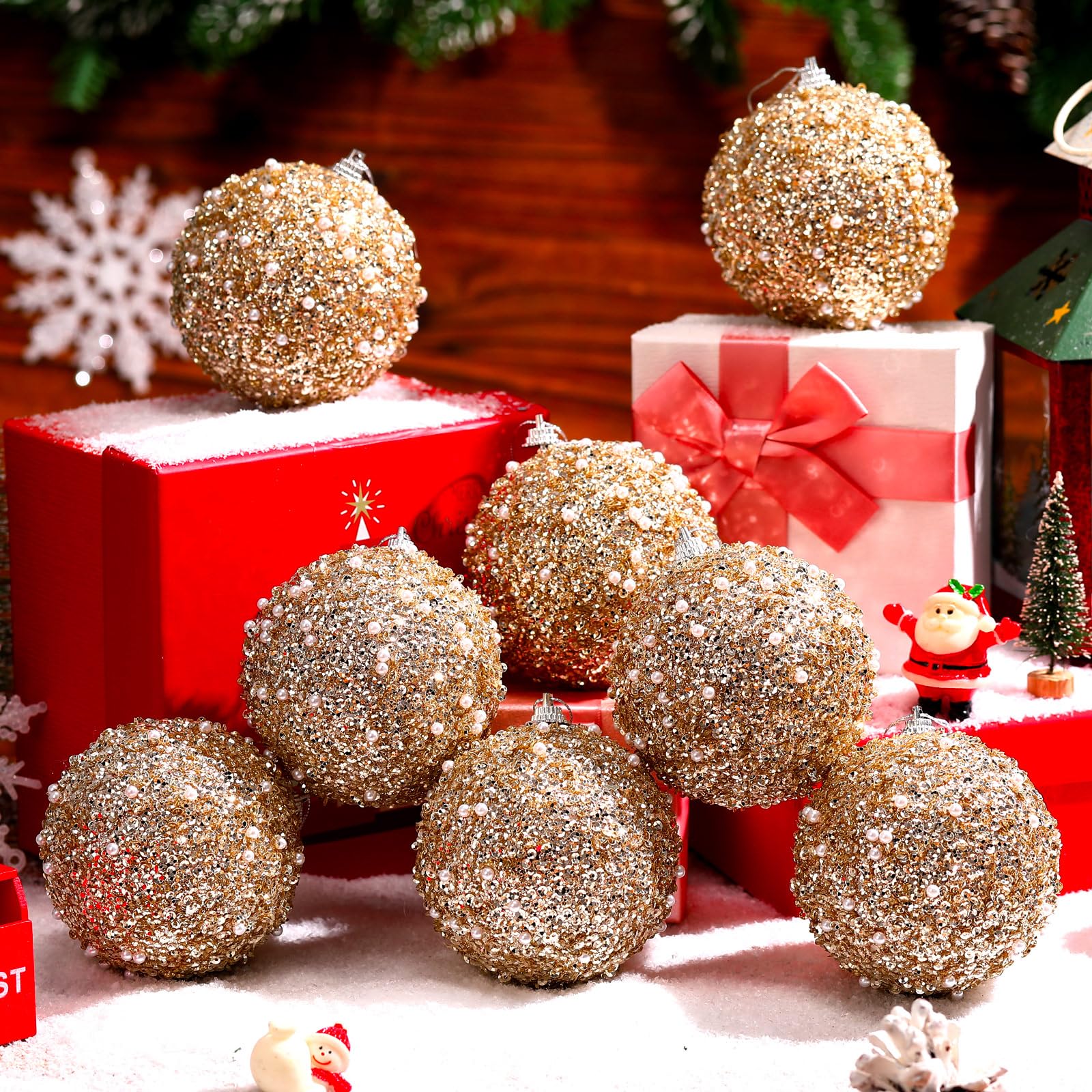 BBTO Lot de 8 boules de Noël à paillettes en mousse à paillettes - Décorations à suspendre pour Noël, fête de mariage, vacances (champagne, 8,9 cm)